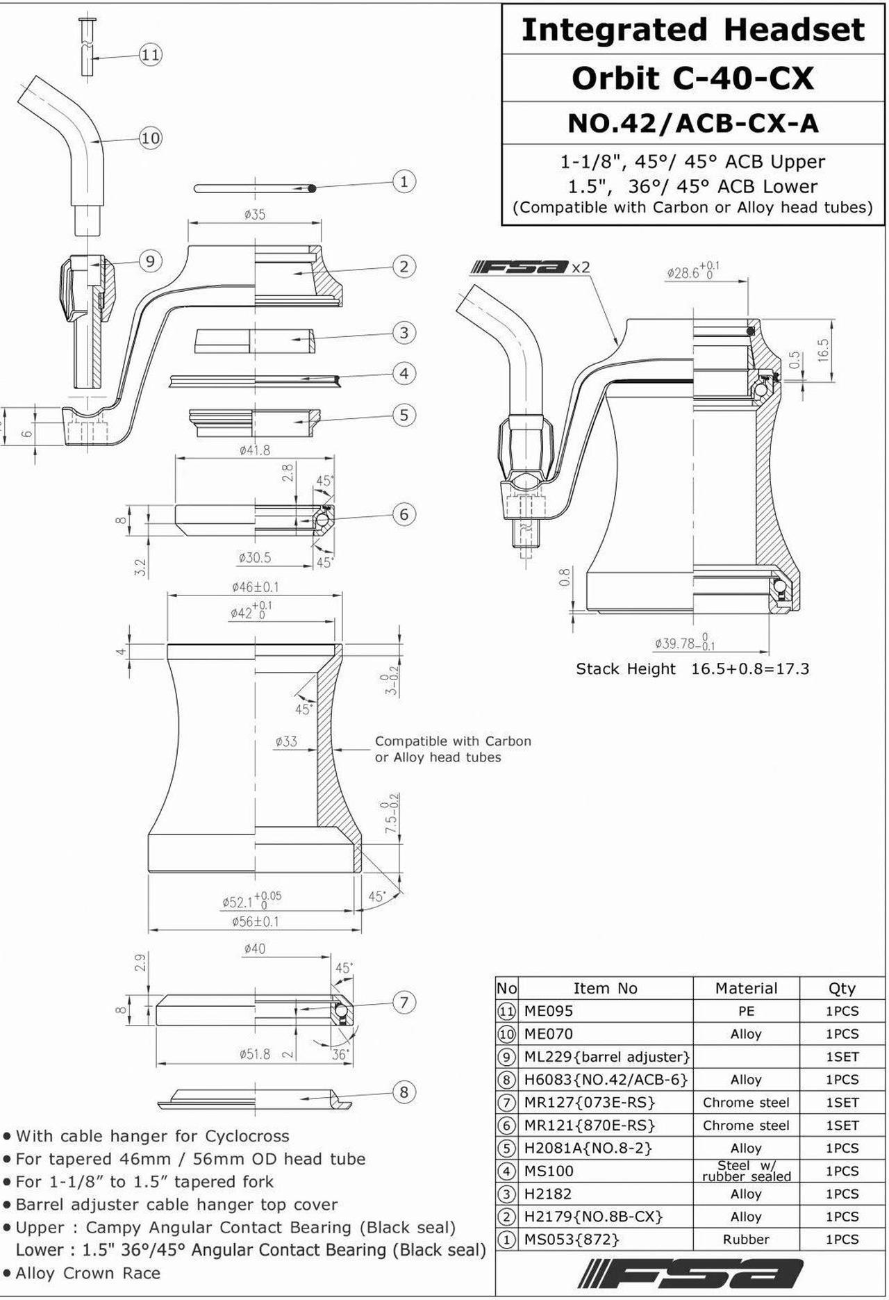 Alt view image 4 of 4 - FSA NO.42/ACB-CX ORBIT C-40-CX ACB 1-1/8"-1.5" IS42 / IS52 Integrated Headset, XTE1716