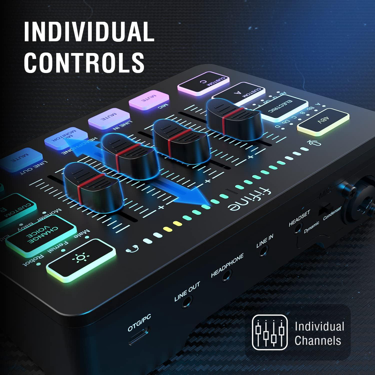 Mélangeur Audio PC RGB Avec Interface XLR, Faders, Effet Voix Et Lumière RGB - Idéal Streaming, Podcast, Gaming