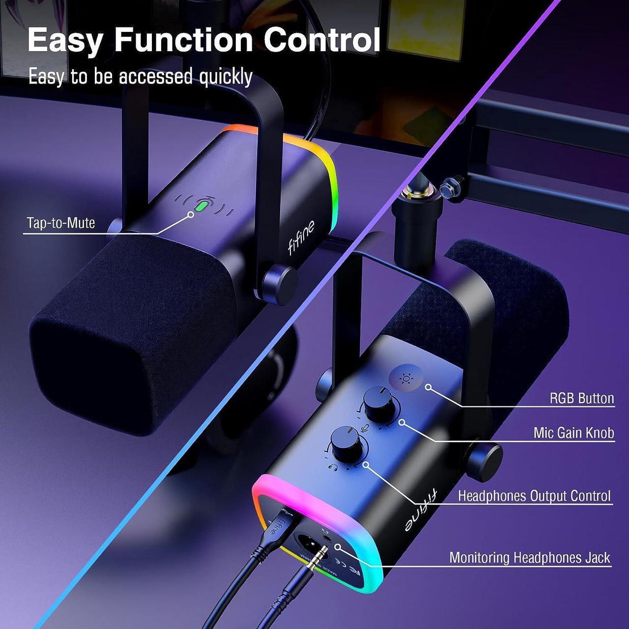 Alt view image 6 of 7 - FIFINE XLR/USB Gaming Microphone Set, Dynamic PC Mic for Streaming Podcasting, Computer RGB Mic Kit with Boom Arm Stand, Mute Button, Headphones Jack, for Recording Vocal Voice-Over-AmpliGame AM8T