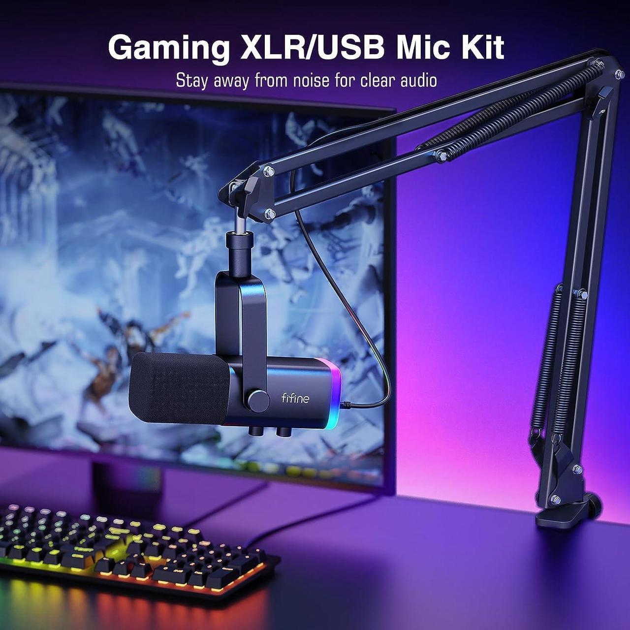 Alt view image 2 of 7 - FIFINE XLR/USB Gaming Microphone Set, Dynamic PC Mic for Streaming Podcasting, Computer RGB Mic Kit with Boom Arm Stand, Mute Button, Headphones Jack, for Recording Vocal Voice-Over-AmpliGame AM8T