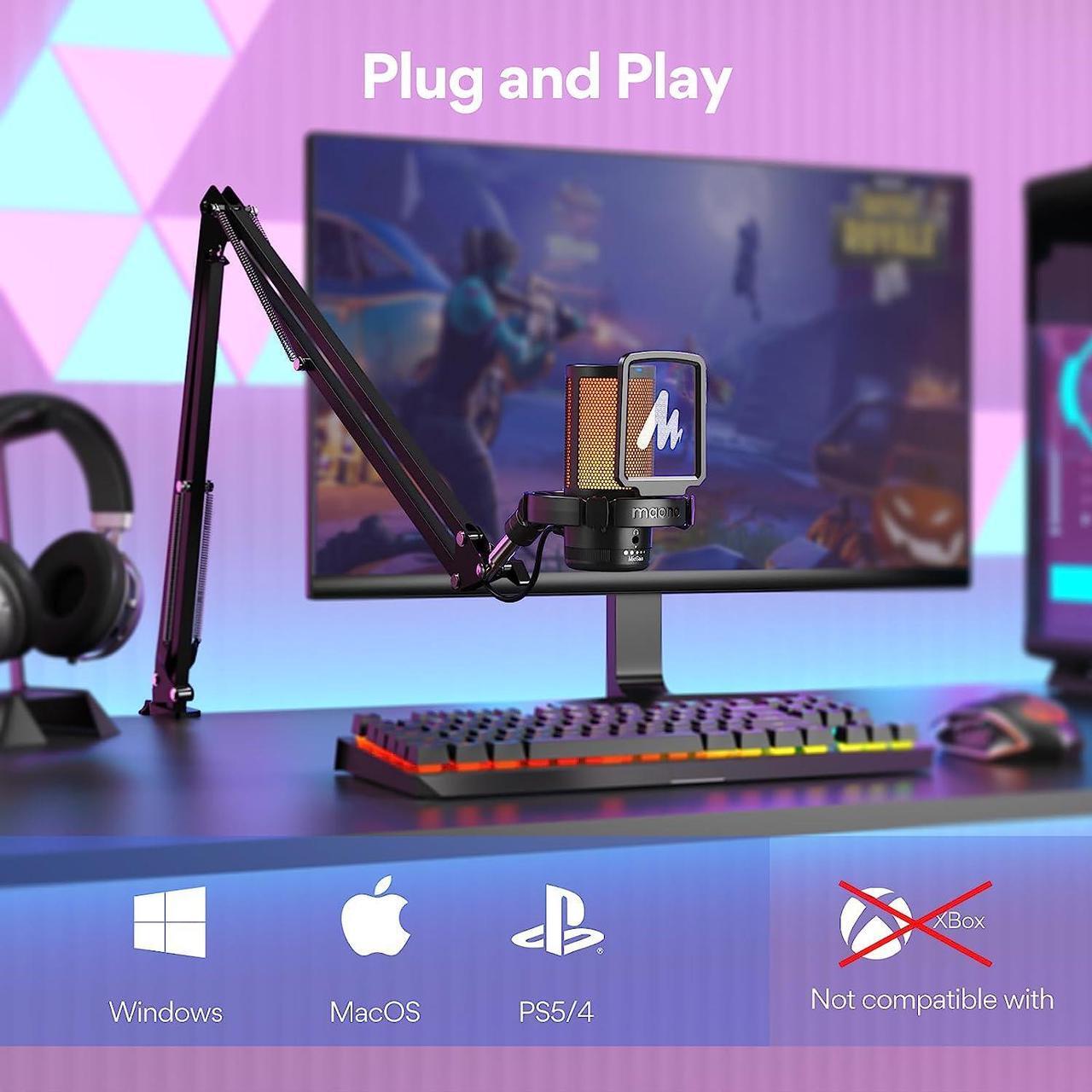 Alt view image 6 of 7 - MAONO Gaming USB Microphone, Noise Cancellation Condenser mic with Mute, Gain, Monitoring, Boom Arm for Streaming, Podcast, Twitch, YouTube, Discord, PC, Computer, PS4, PS5, Mac, GamerWave DGM20S