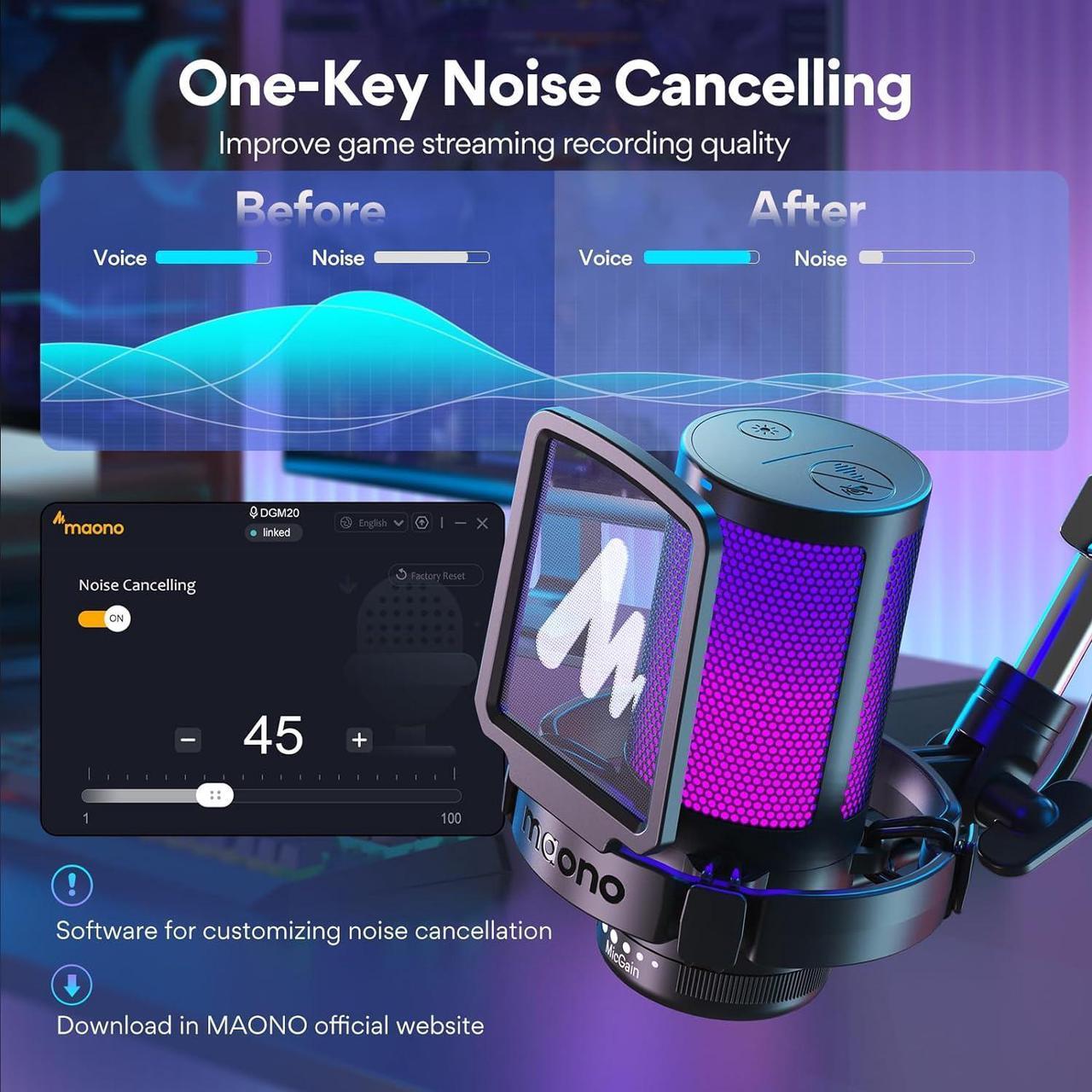 Alt view image 2 of 7 - MAONO Gaming USB Microphone, Noise Cancellation Condenser mic with Mute, Gain, Monitoring, Boom Arm for Streaming, Podcast, Twitch, YouTube, Discord, PC, Computer, PS4, PS5, Mac, GamerWave DGM20S