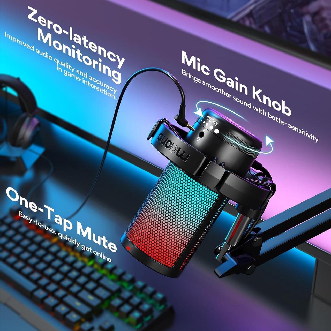 Alt view image 4 of 7 - MAONO Gaming USB Microphone, Noise Cancellation Condenser mic with Mute, Gain, Monitoring, Boom Arm for Streaming, Podcast, Twitch, YouTube, Discord, PC, Computer, PS4, PS5, Mac, GamerWave DGM20S