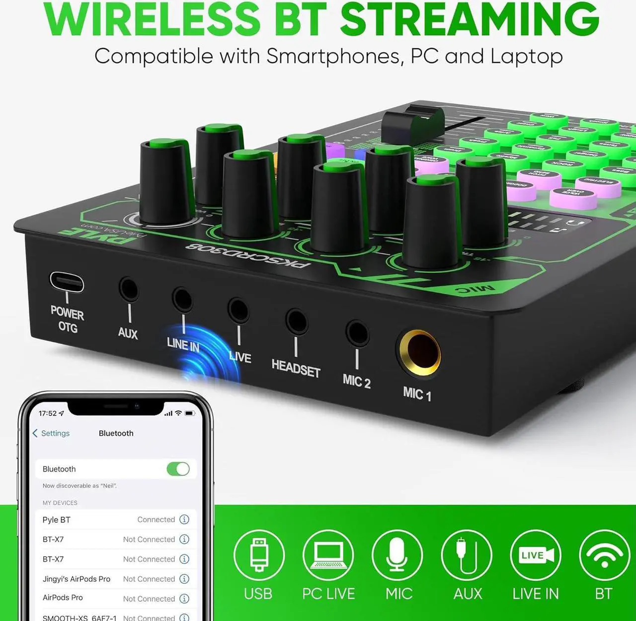Alt view image 4 of 6 - Pyle Portable Bluetooth Live Broadcast Sound Card Pro Audio Interface DJ mixer Condenser w/Microphone Set, for Streaming podcasts Studio, Recording PC, Gaming, Phone, w/FX, Ambient Sounds - PKSCRD308