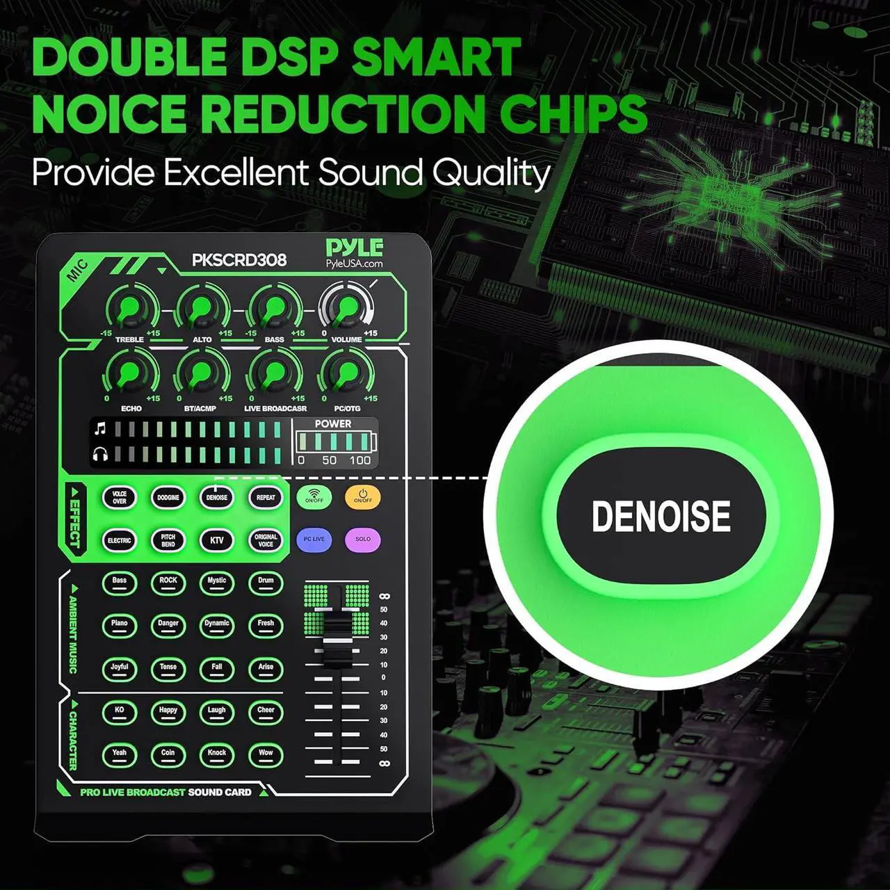 Alt view image 2 of 6 - Pyle Portable Bluetooth Live Broadcast Sound Card Pro Audio Interface DJ mixer Condenser w/Microphone Set, for Streaming podcasts Studio, Recording PC, Gaming, Phone, w/FX, Ambient Sounds - PKSCRD308