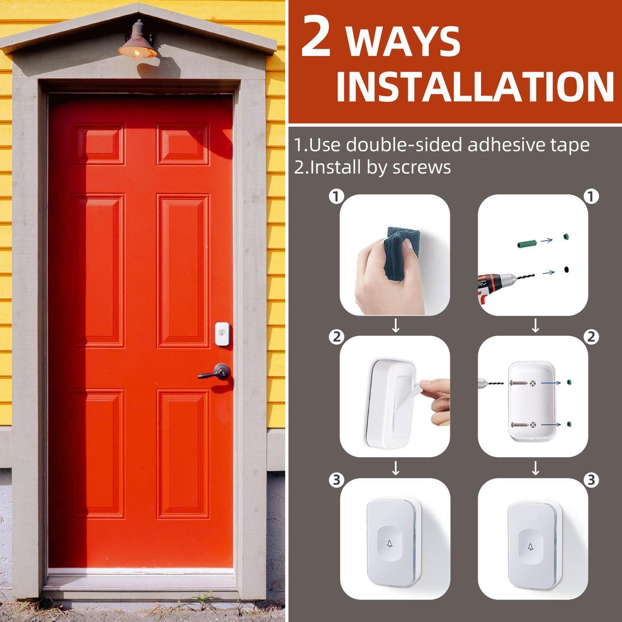 Alt view image 6 of 7 - Wireless Doorbell Waterproof Door Bell with 2 Buttons with Different Tones Operating at 1000 feet 36 Melodies 4 Volume levels Flash Light 1 Receiver 2 Button White JSIEEM