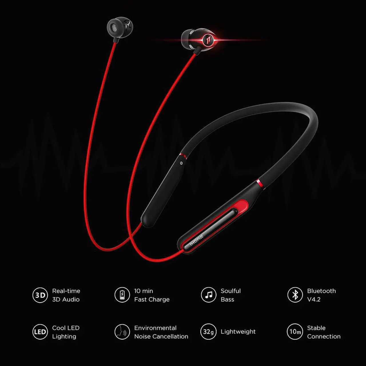 Alt view image 2 of 7 - 1MORE Wireless Earbuds Bluetooth Headphones Sport In-Ear Neckband Bluetooth Earphones with Microphone, VR 3D Stereo Wireless Sound, LED, Fast Charging, Environmental Noise Cancellation
