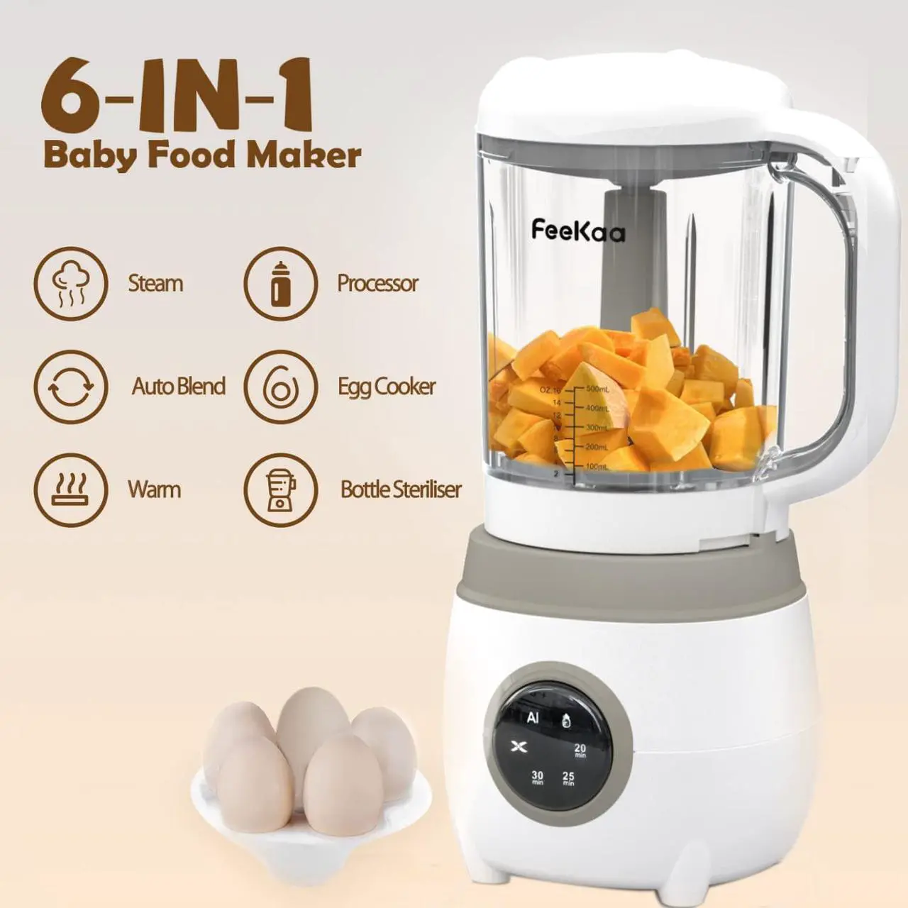 Alt view image 2 of 6 - Feekaa Baby Food Blender, Baby Food Maker Steamer and Blender, 6 in 1 Puree Maker 20OZ Warmer Mills Machine, Self Cleans, Auto Cooking, Gift for Baby Shower, Mom, Kids