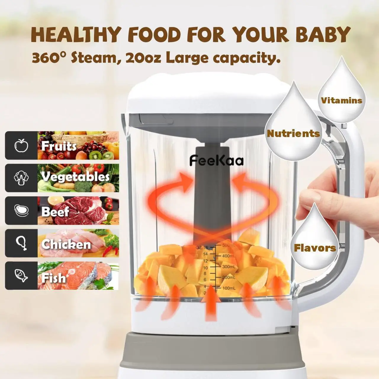 Alt view image 3 of 6 - Feekaa Baby Food Blender, Baby Food Maker Steamer and Blender, 6 in 1 Puree Maker 20OZ Warmer Mills Machine, Self Cleans, Auto Cooking, Gift for Baby Shower, Mom, Kids