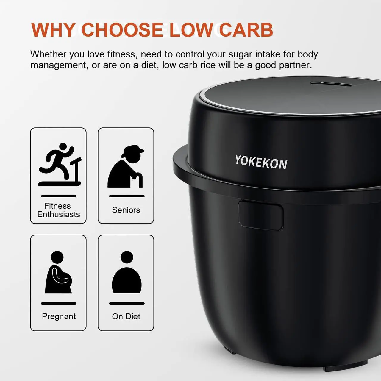 Alt view image 6 of 6 - Rice Cooker Small Low Carb, YOKEKON 3-cup (uncooked) Rice Cooker with Stainless Steel Steamer, 8-in-1 Rice Maker, Delay Timer and Auto Keep Warm Feature, Sushi, Risitto, Steamer, Cake, Black