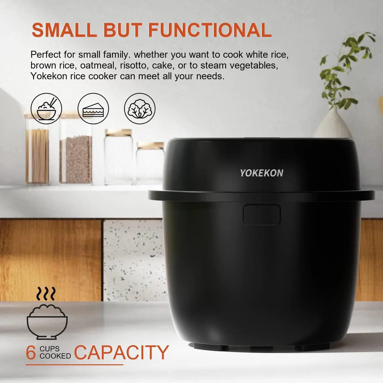 Alt view image 3 of 6 - Rice Cooker Small Low Carb, YOKEKON 3-cup (uncooked) Rice Cooker with Stainless Steel Steamer, 8-in-1 Rice Maker, Delay Timer and Auto Keep Warm Feature, Sushi, Risitto, Steamer, Cake, Black