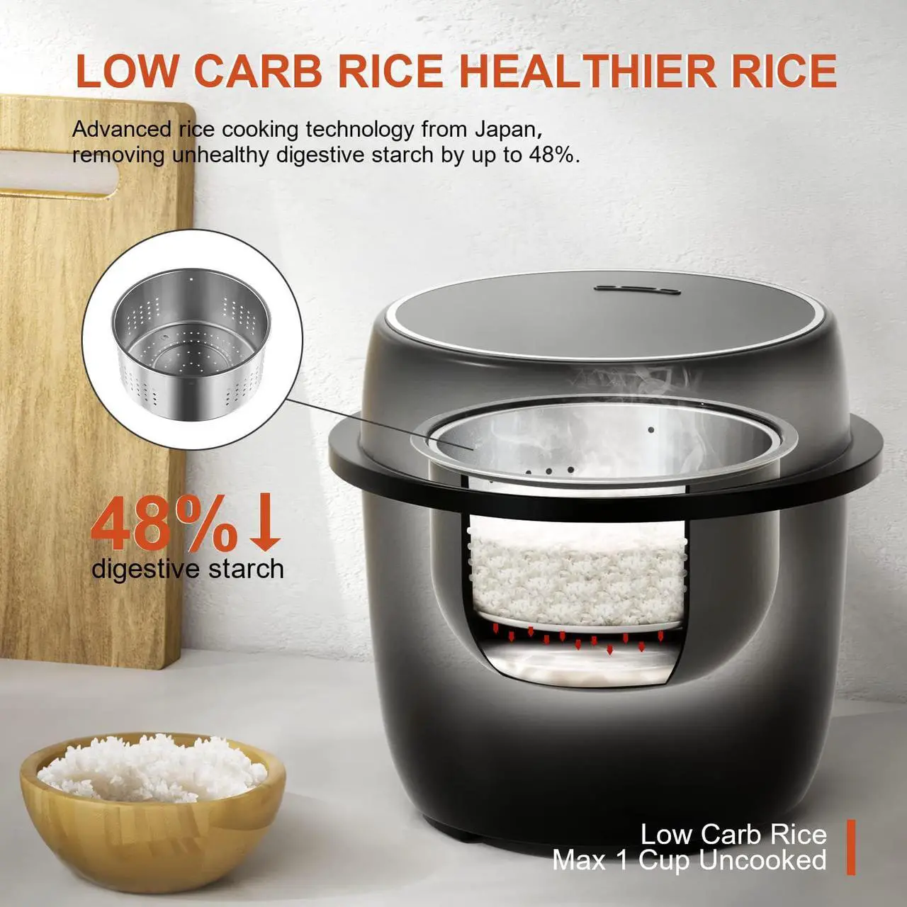 Alt view image 2 of 6 - Rice Cooker Small Low Carb, YOKEKON 3-cup (uncooked) Rice Cooker with Stainless Steel Steamer, 8-in-1 Rice Maker, Delay Timer and Auto Keep Warm Feature, Sushi, Risitto, Steamer, Cake, Black