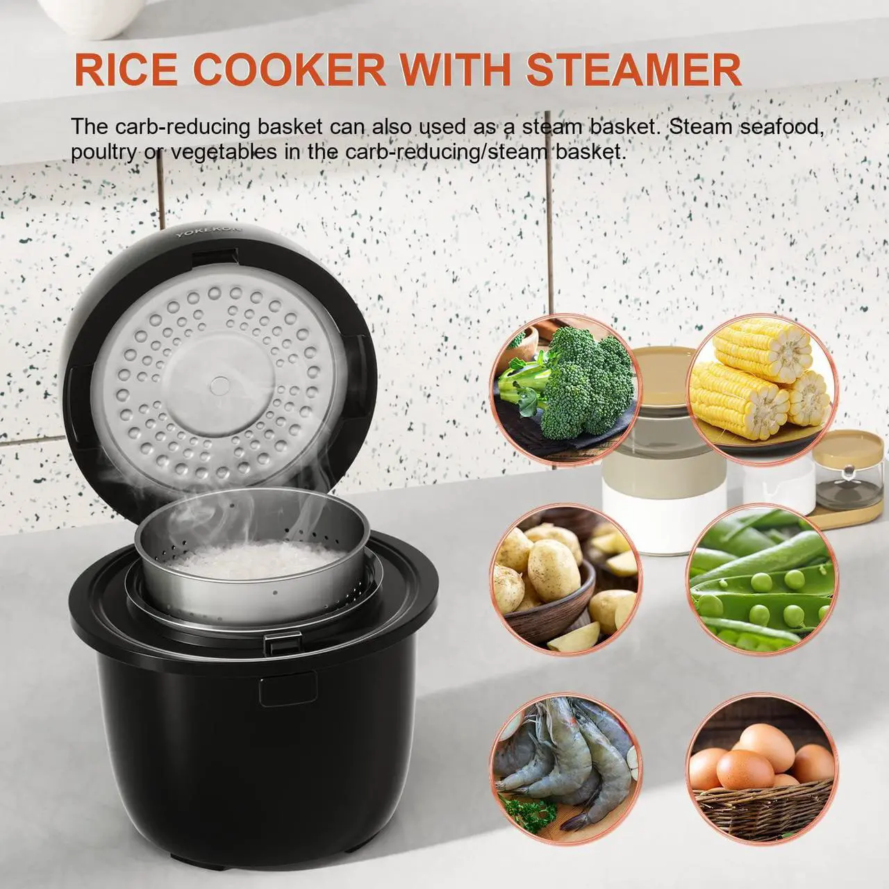 Alt view image 4 of 6 - Rice Cooker Small Low Carb, YOKEKON 3-cup (uncooked) Rice Cooker with Stainless Steel Steamer, 8-in-1 Rice Maker, Delay Timer and Auto Keep Warm Feature, Sushi, Risitto, Steamer, Cake, Black