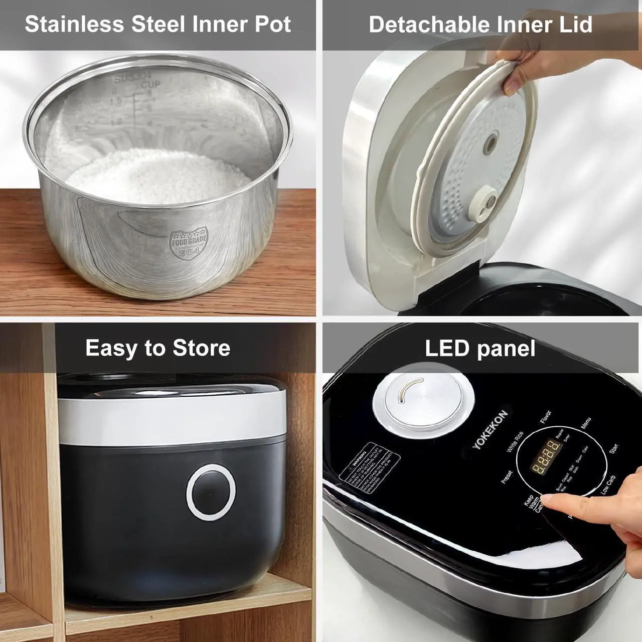 Alt view image 6 of 7 - Rice Cooker Large 8 Cup, Stainless Steel Inner Pot Steamer, YOKEKON Low Carb Rice Maker, 24H Delay Timer and Auto Keep Warm Feature, Sushi/Grain/Cake/Porridge,Black
