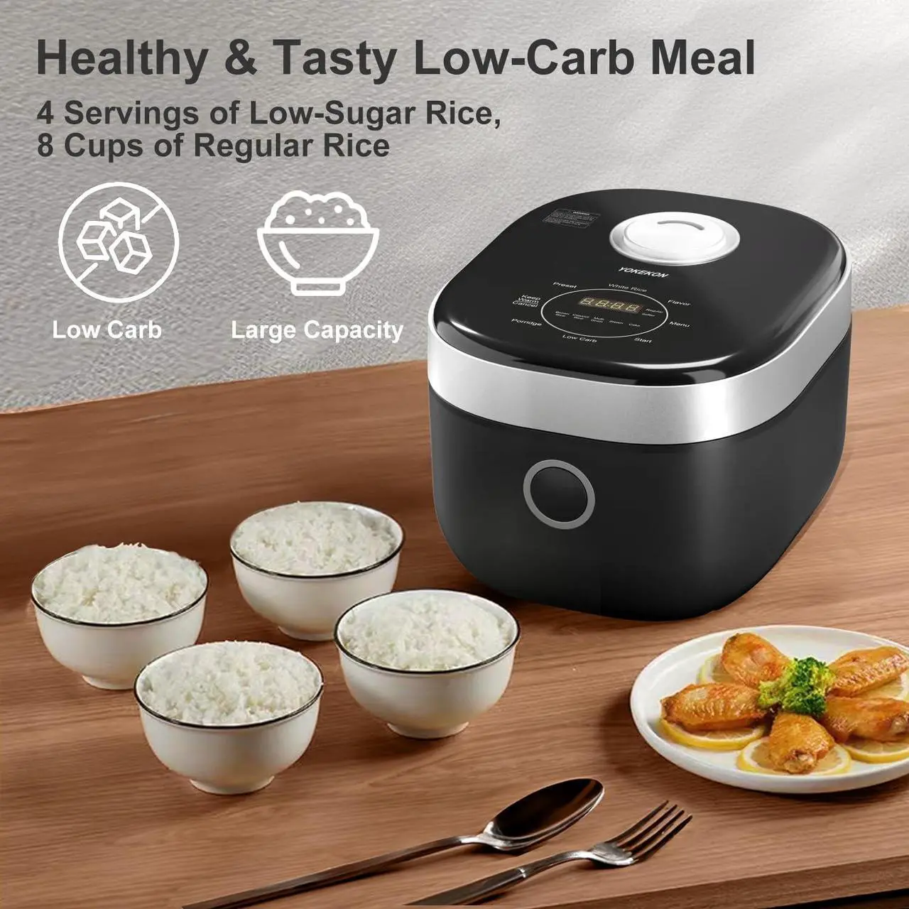 Alt view image 4 of 7 - Rice Cooker Large 8 Cup, Stainless Steel Inner Pot Steamer, YOKEKON Low Carb Rice Maker, 24H Delay Timer and Auto Keep Warm Feature, Sushi/Grain/Cake/Porridge,Black