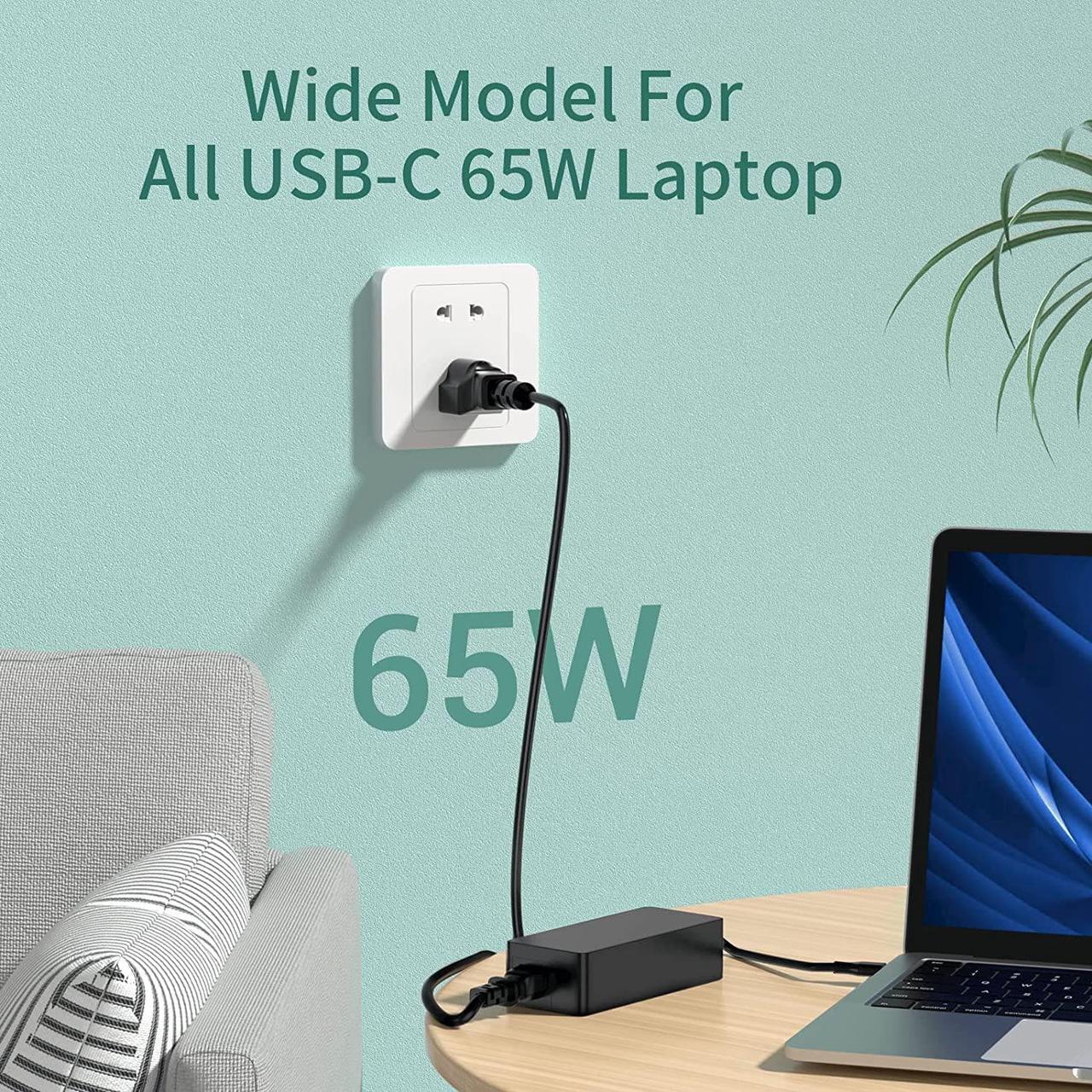 Alt view image 2 of 7 - Chromebook Charger 45W 65W - USB C Laptop Charger Fast Charging for  HP     LG Google Chromebook Charger USB-C Computer Laptops Chargers Type C AC Adapter Power Cord - 10ft