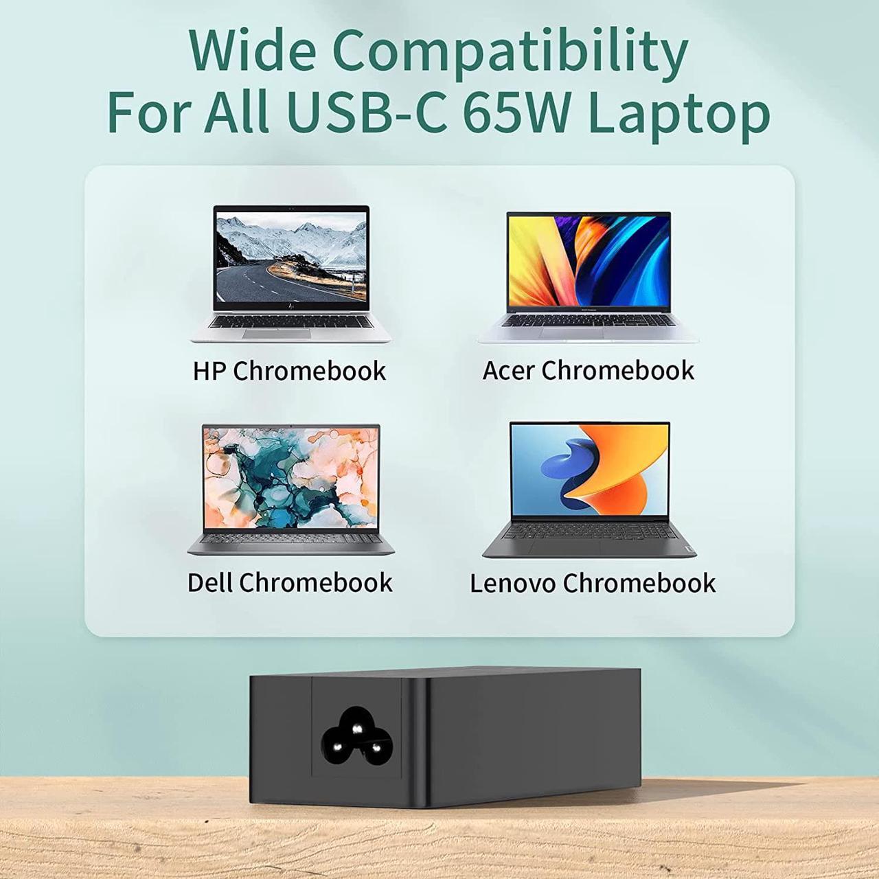 Alt view image 7 of 7 - Chromebook Charger 45W 65W - USB C Laptop Charger Fast Charging for  HP     LG Google Chromebook Charger USB-C Computer Laptops Chargers Type C AC Adapter Power Cord - 10ft