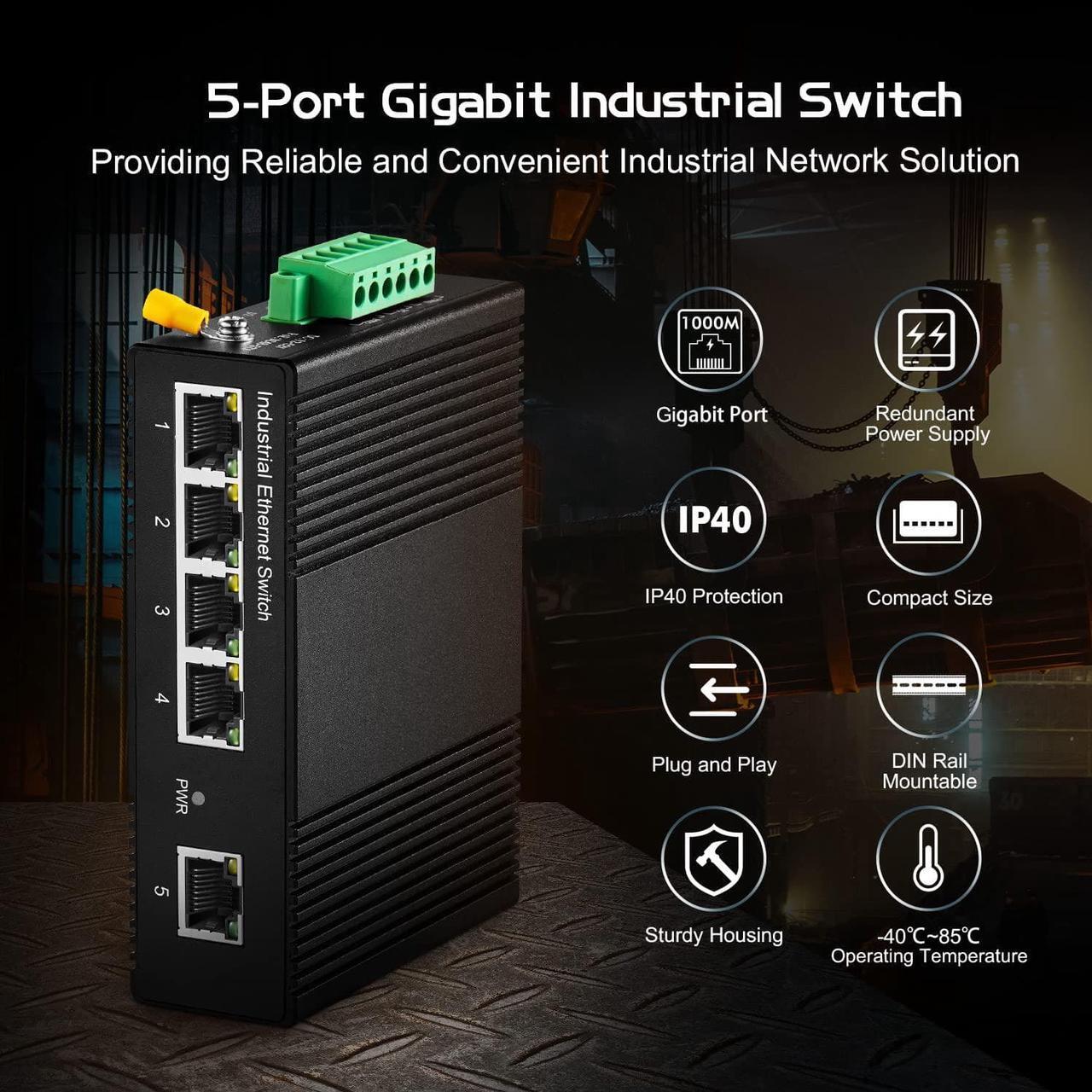 Alt view image 2 of 7 - Binardat 5 Port Gigabit Din Rail Industrial Ethernet Switch, 4 Ports and 1 Uplink 10/100/1000Mbps, Fanless Wall Mount, with One Power Supply