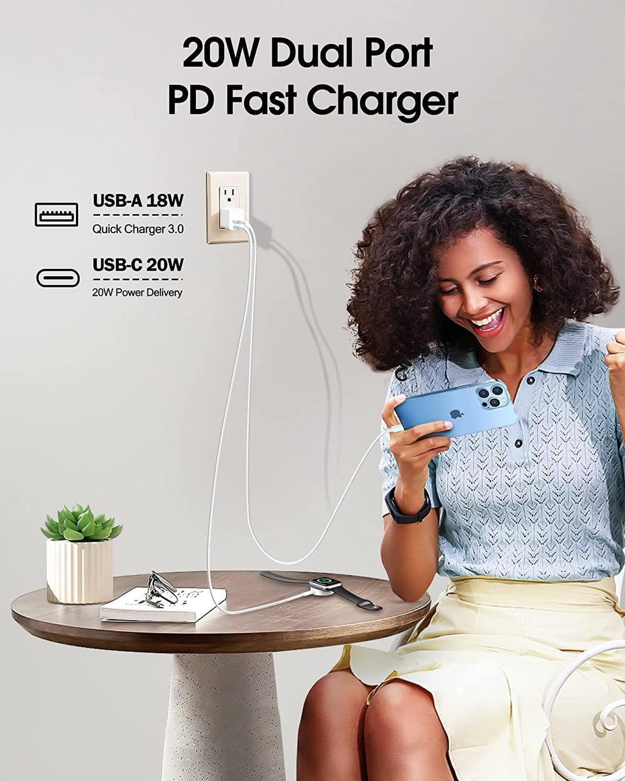 Alt view image 2 of 7 - UDATON USB C Charger, Apple Watch Charger, PD Dual Port Type C Power Adapter Block Cube Compatible for New Apple Watch Series 10 9, iPhone 16/16 Pro/16 Pro Max/15