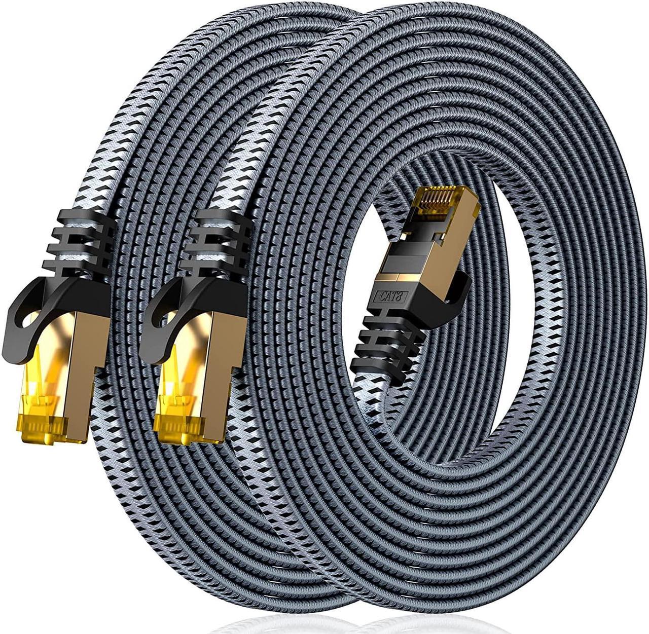 Cat 8 Ethernet Cable 15 FT 2 Pack, ARISKEEN 40Gbps 2000Mhz High Speed Cat8 Network LAN Patch Cord, Nylon Braided High Duty Shielded RJ45 Flat Internet Cable for Indoor&Outdoor - 15 Feet (Grey)