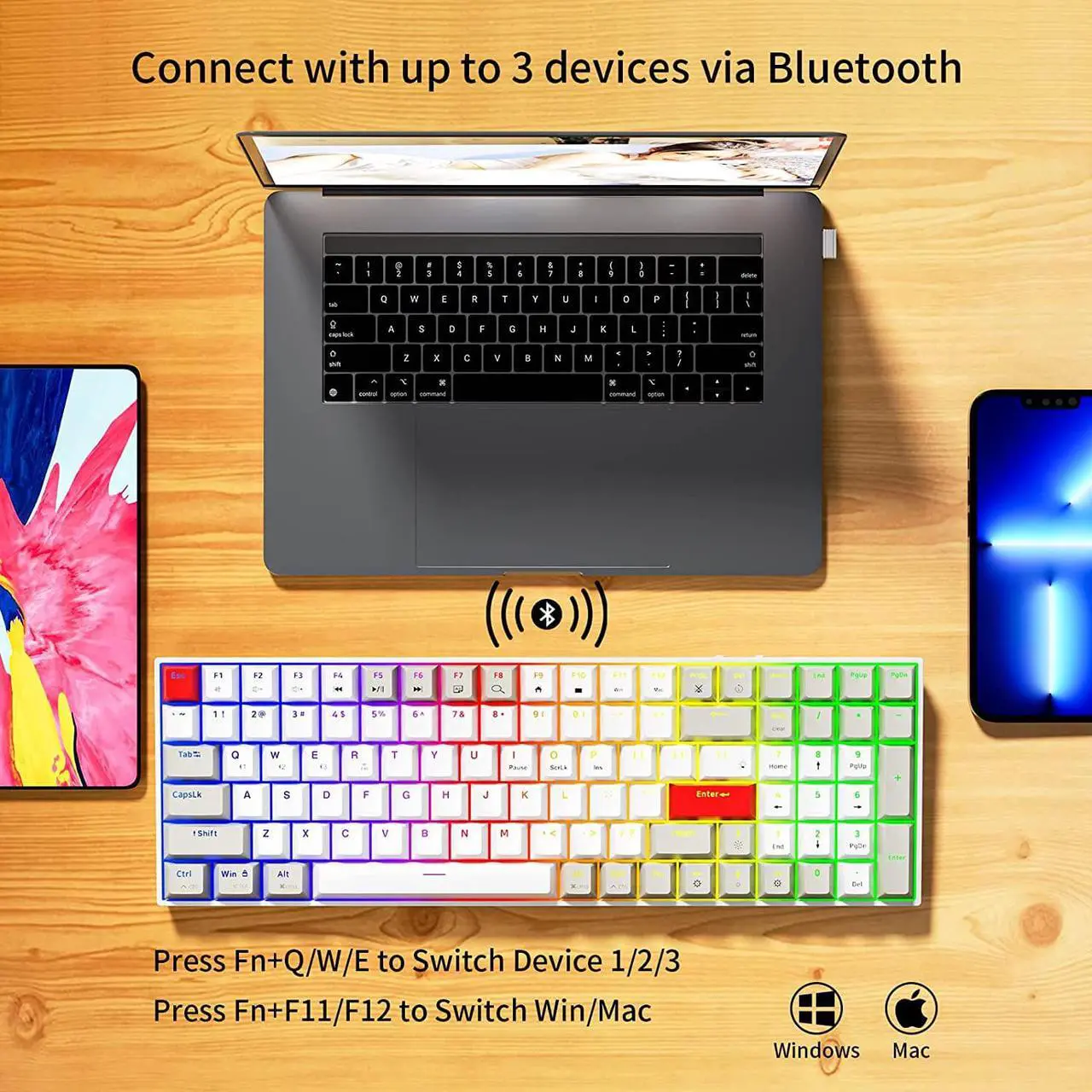 Alt view image 6 of 7 - Newmen GM1000 Wireless Mechanical Gaming Keyboard,Bluetooth 5.0/2.4GHz/USB-C Hot Swappable Custom Keyboard,RGB Backlit Mechanical Keyboard for with Number Pad for Mac/WinGateron Brown Switches