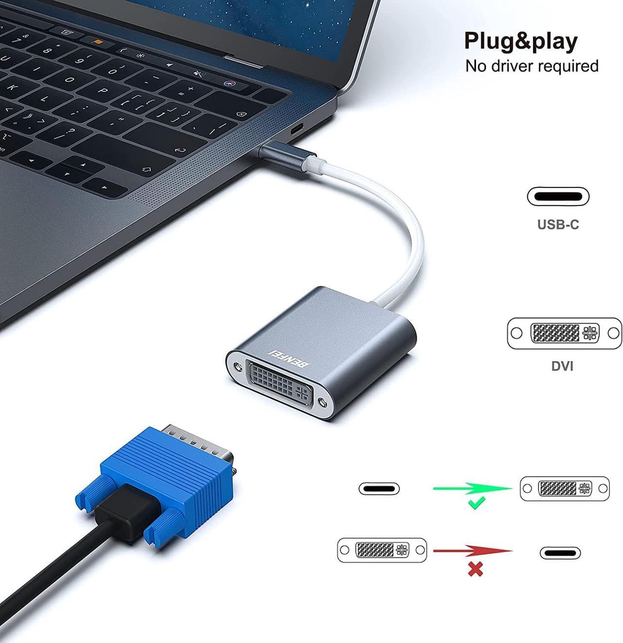 Alt view image 2 of 7 - BENFEI USB C to DVI Adapter, Type-C to DVI Adapter [Thunderbolt 3/4 Compatible] with iPhone 15 Pro/Max, MacBook Pro/Air 2023, iPad Pro, iMac, S23, XPS 17, Surface Book 3 and More - Grey