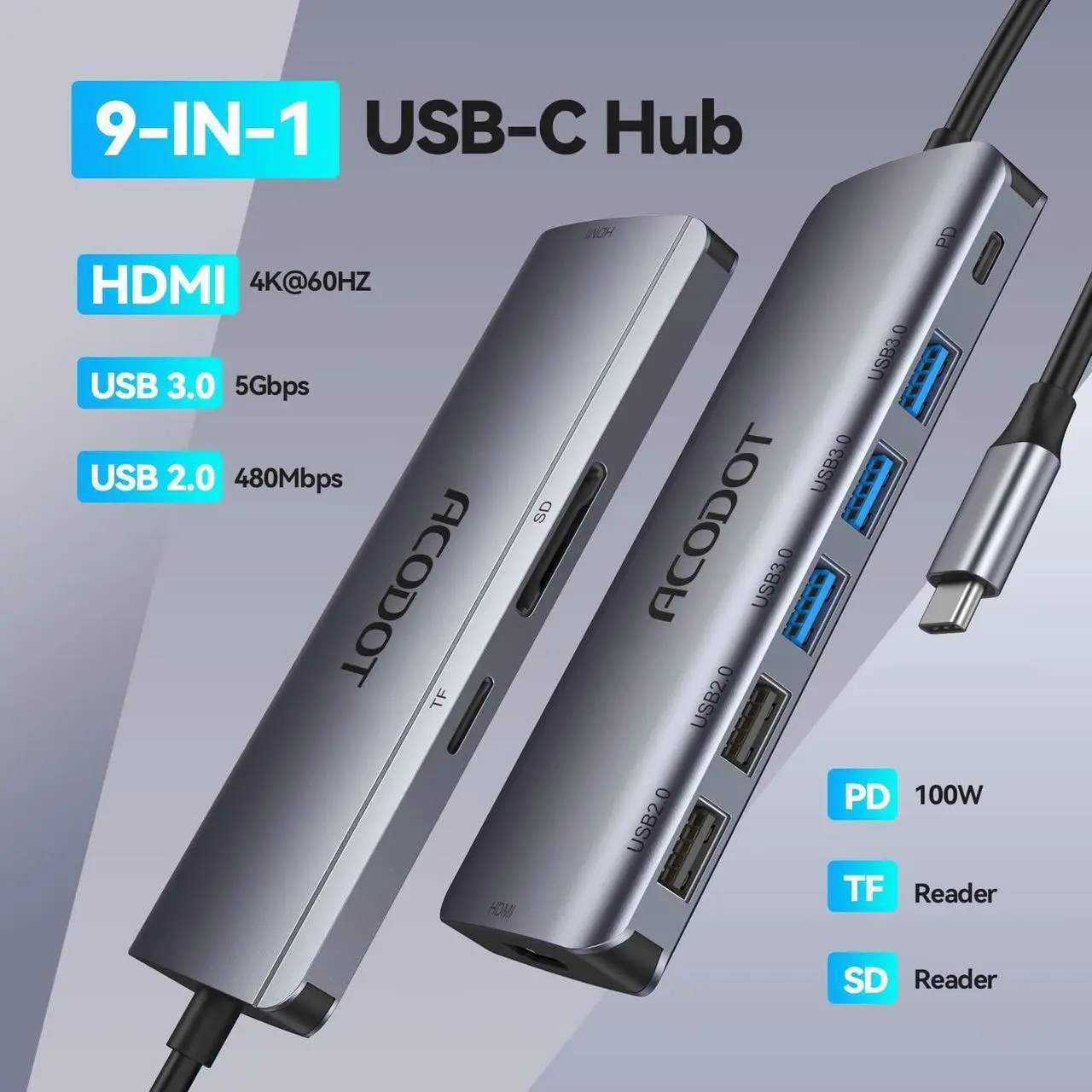 Alt view image 2 of 7 - USB C Hub 9 in 1 USB C to 4K@60HZ HDMI Multiport Adapter 3 USB 3.0 Ports SD/TF Card Reader 100W PD Desigend for MacBook Pro Air HP XPS and Other Type C Devices