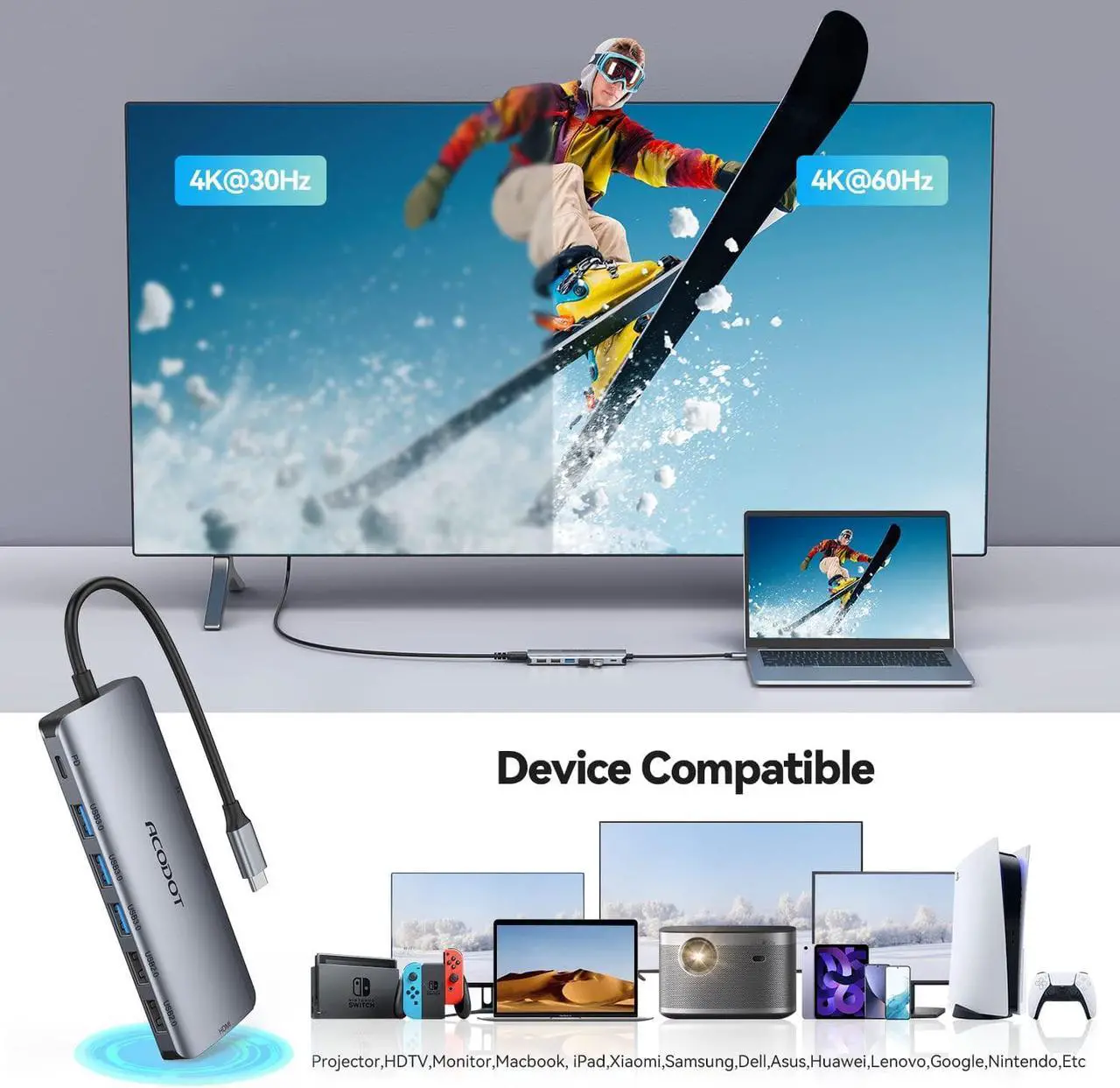 Alt view image 3 of 7 - USB C Hub 9 in 1 USB C to 4K@60HZ HDMI Multiport Adapter 3 USB 3.0 Ports SD/TF Card Reader 100W PD Desigend for MacBook Pro Air HP XPS and Other Type C Devices
