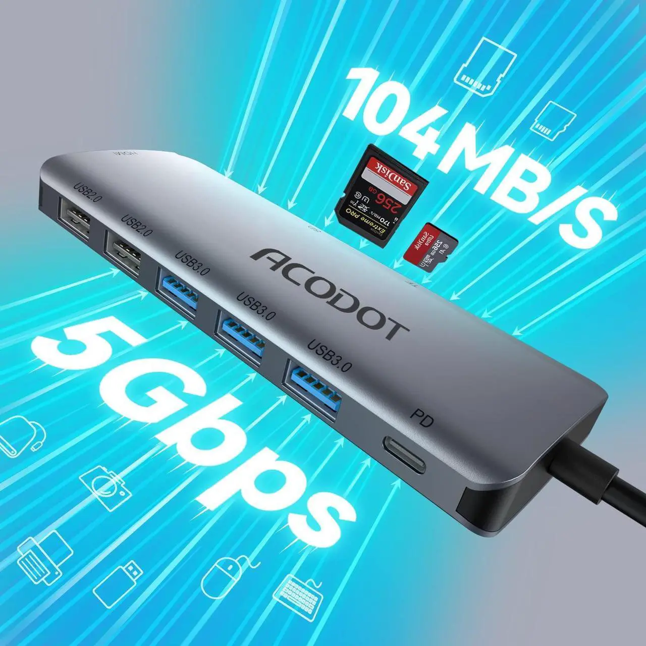Alt view image 4 of 7 - USB C Hub 9 in 1 USB C to 4K@60HZ HDMI Multiport Adapter 3 USB 3.0 Ports SD/TF Card Reader 100W PD Desigend for MacBook Pro Air HP XPS and Other Type C Devices