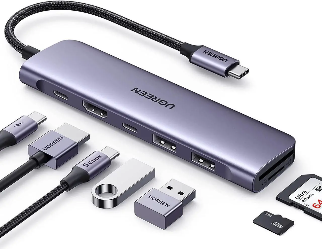Main image of UGREEN Revodok 1071 USB C Hub for Laptop 7 in 1 USB C Dongle 4K HDMI, 100W PD Charging, USB-C & 2 USB-A 5Gbps Data Ports, SD/TF Card Reader for MacBook Pro/Air, iPad Pro, XPS, Thinkpad