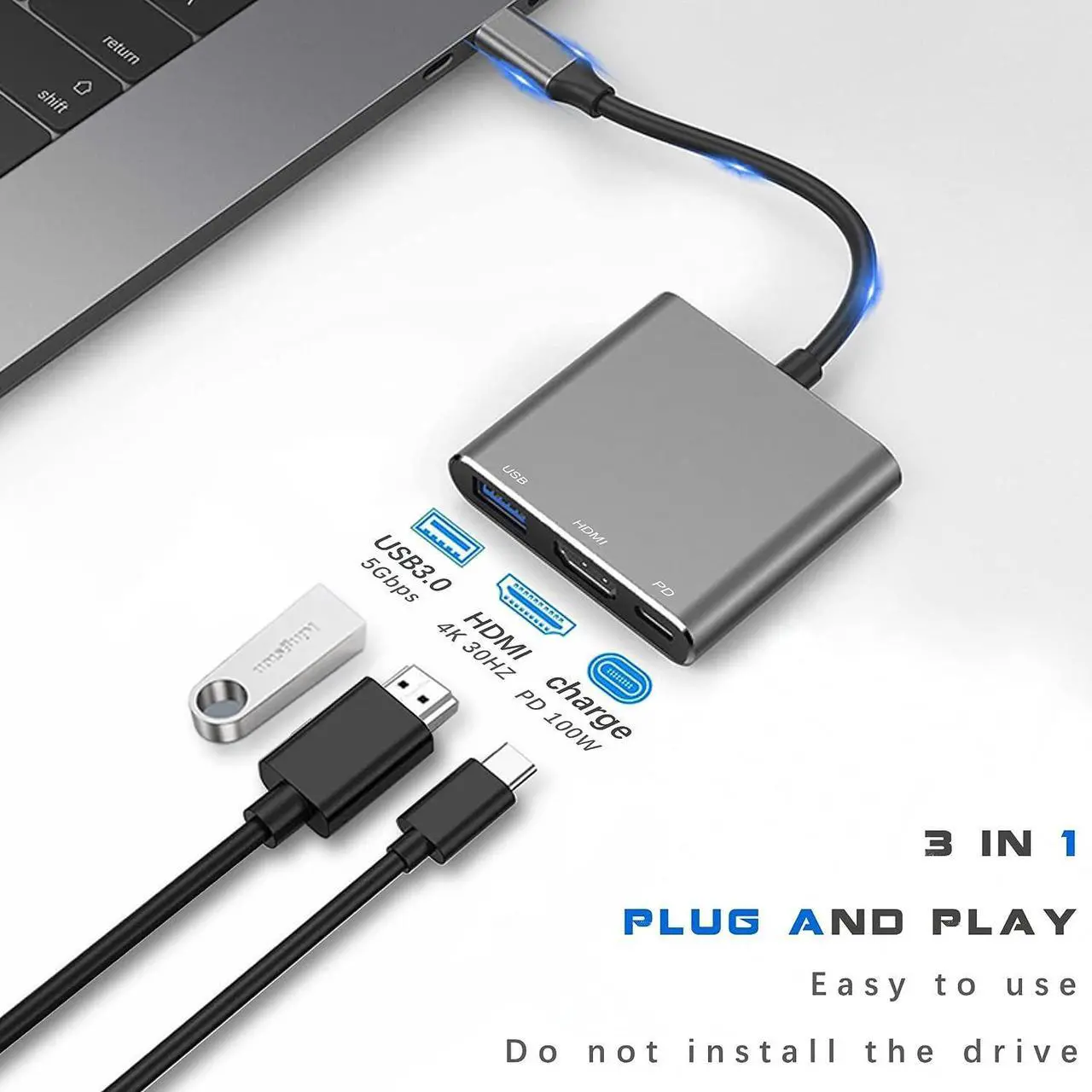 Alt view image 2 of 7 - USB C to HDMI Multiport Adapter Cable with Charging Port USBC HDMI Adapter Converter for Mac iPad pro MacBook 4K HDMI to USB C Hub Adapter for Monitor Laptop USB-C to USB 3.0 Adapter 10Gbps Dongle