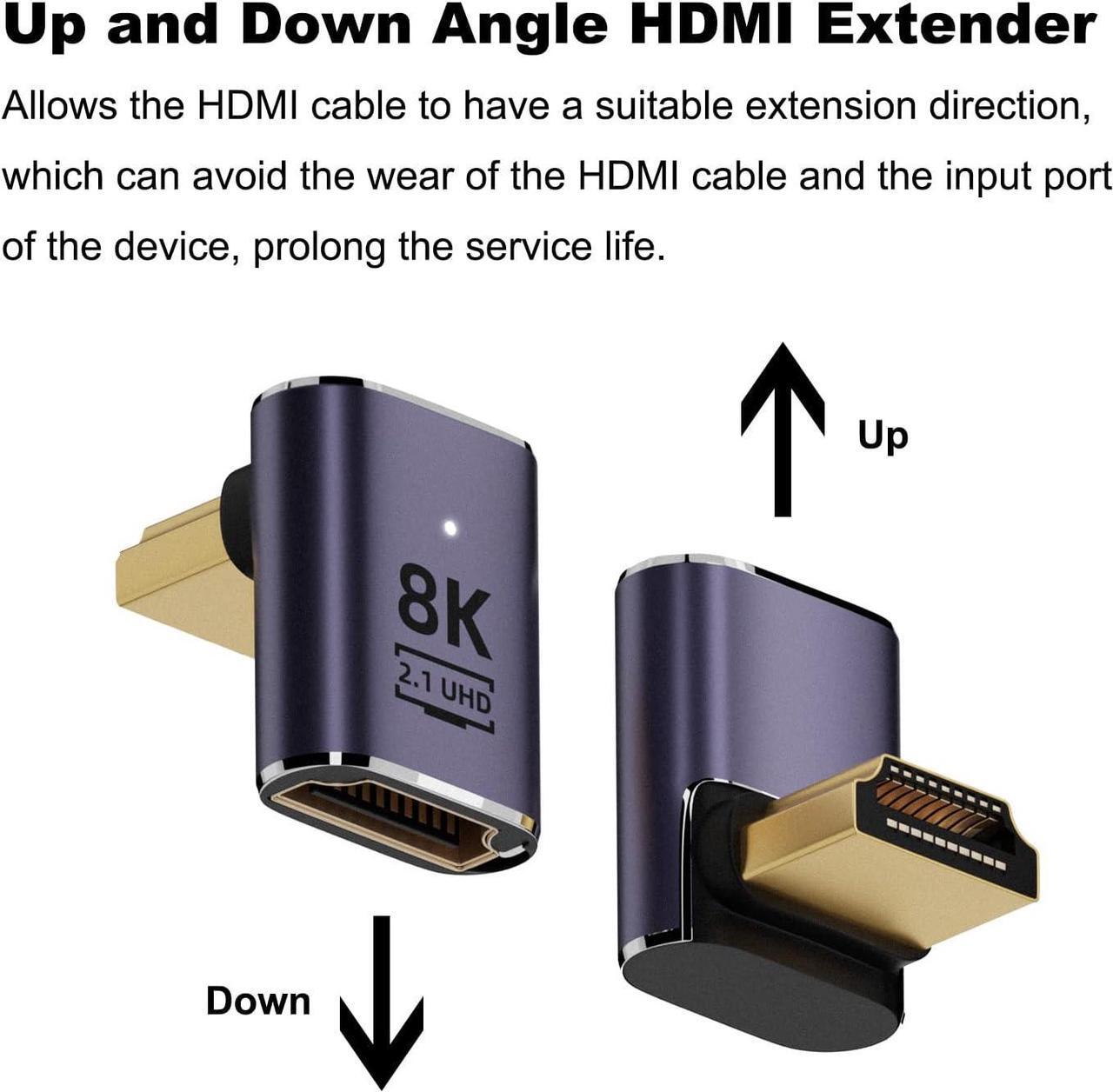 Alt view image 3 of 6 - 8K HDMI 2.1 Right Angle Adapter (2 Pack) Up&Down 90 Degree and 270 Degree HDMI Male to HDMI Female Extender Connector Aluminum Alloy
