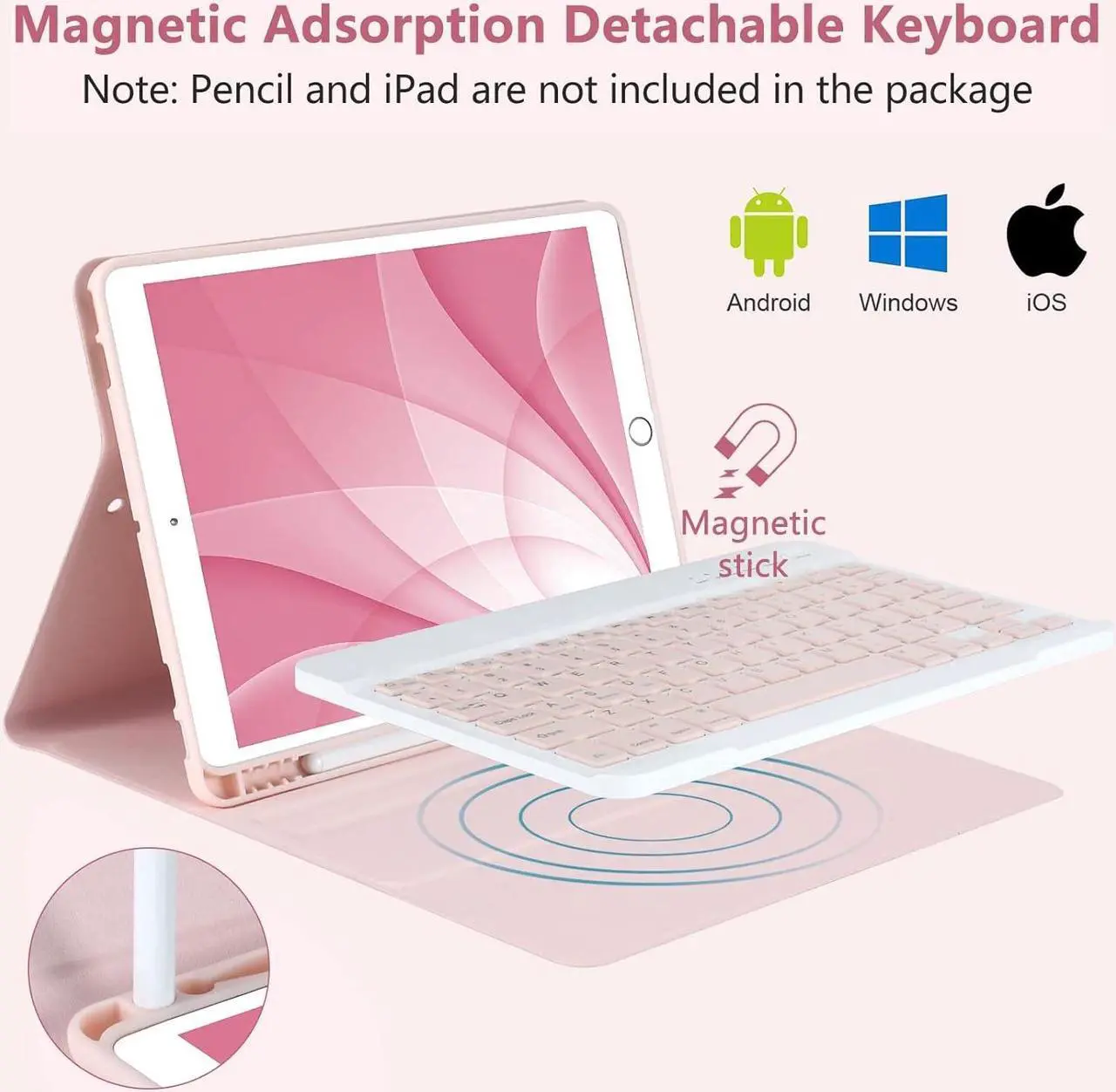 Alt view image 4 of 7 - Keyboard Case for iPad 10.2" 9th 8th 7th Generation, with Detachable Bluetooth and Pencil Holder, 10.2 Inch/iPad Air 10.5"(3rd Gen)/iPad Pro 10.5 in, Auto Sleep/Wake Function (Pink)