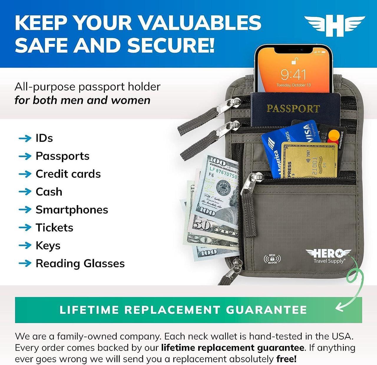 Alt view image 2 of 6 - HERO Neck Wallet C RFID Blocking Passport Holder C Easy to Conceal Travel?Pouch