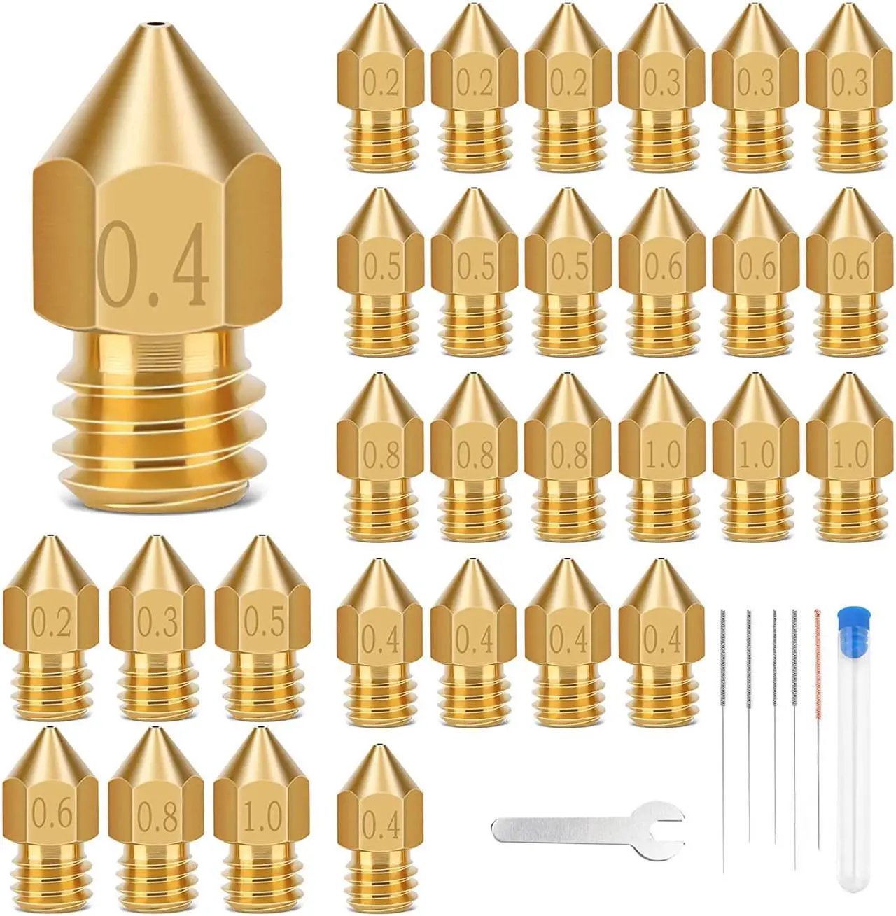 Main image of 30PCS 3D Printer Nozzles, High Temperature&Wear Resistance, Better Thermal Conductivity Brass 3D Printer Nozzle 0.2mm, 0.3mm, 0.4mm, 0.5mm, 0.6mm, 0.8mm, 1.0mm for MK8, Ender 3, Creality CR10