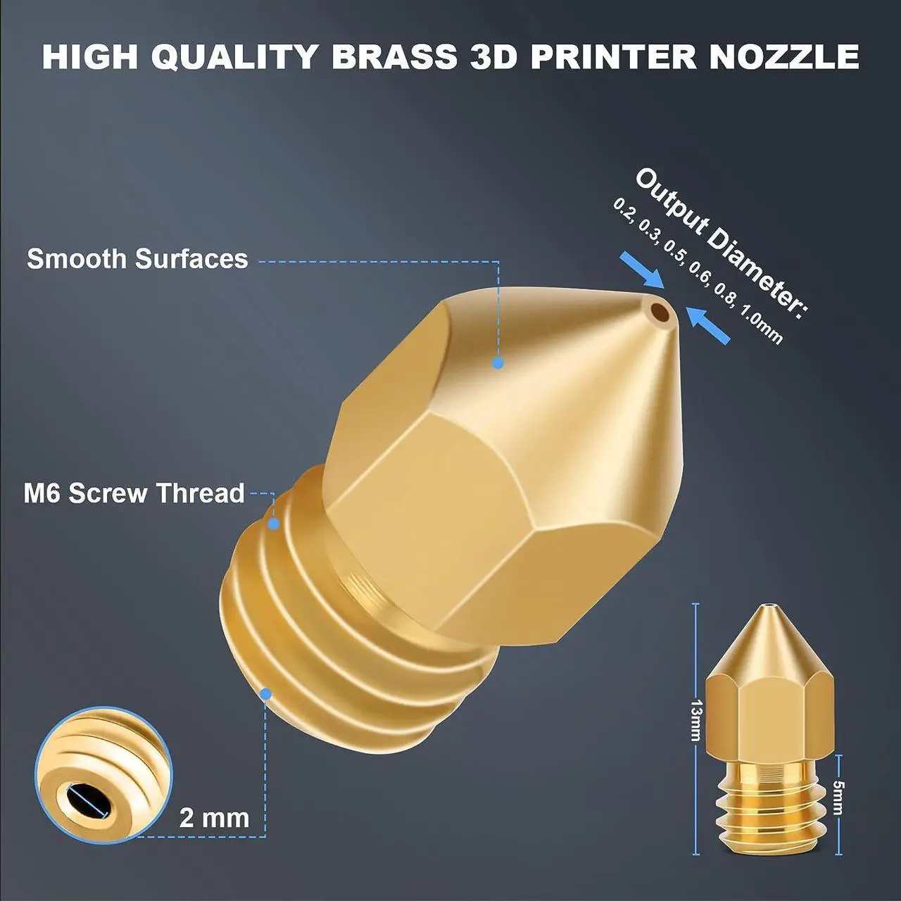 Alt view image 4 of 7 - 30PCS 3D Printer Nozzles, High Temperature&Wear Resistance, Better Thermal Conductivity Brass 3D Printer Nozzle 0.2mm, 0.3mm, 0.4mm, 0.5mm, 0.6mm, 0.8mm, 1.0mm for MK8, Ender 3, Creality CR10