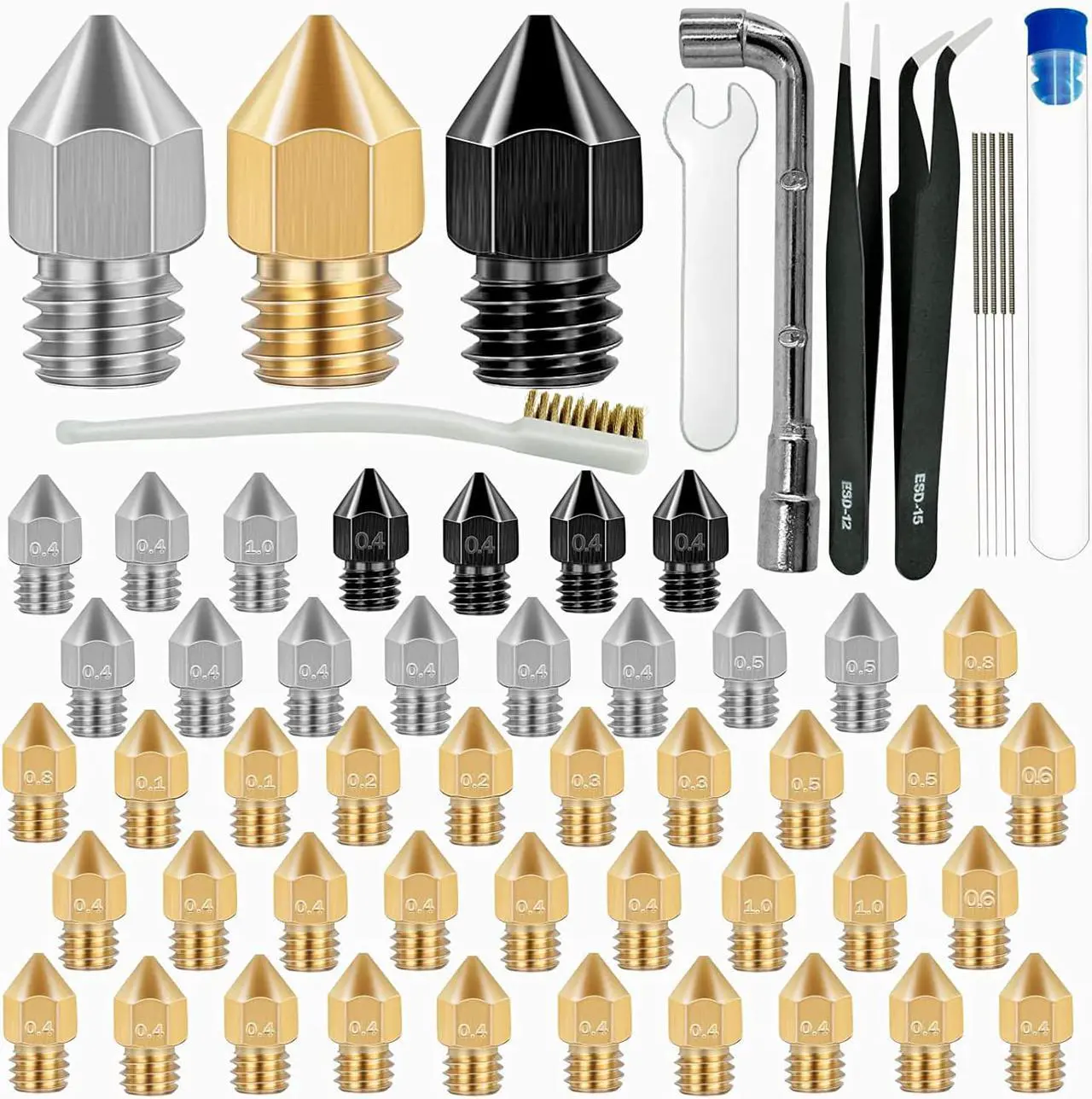 Main image of 50 Pcs 3D Printer Nozzles - Hardened Steel Stainless Steel Brass Printer Extruder Nozzles Set for CR-10, Ender 3 - High Temperature Pointed Wear Resistant Mk8 Nozzles - 3D Printer Nozzle Cleaning Kit