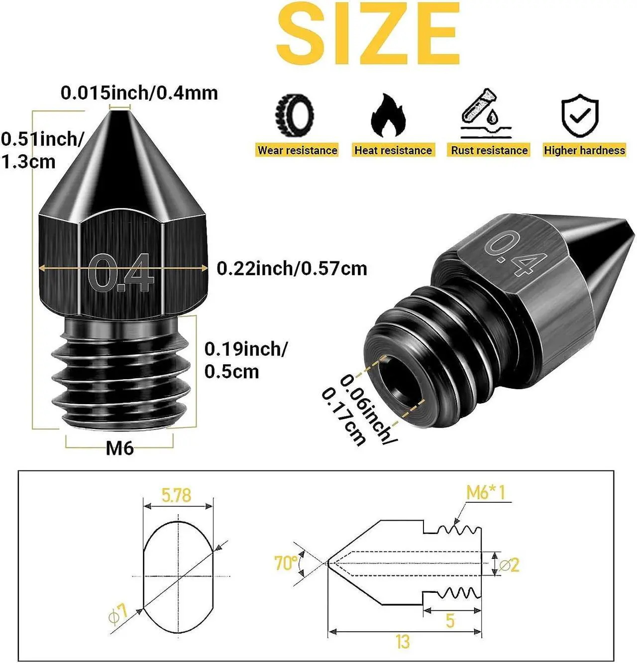 Alt view image 2 of 7 - 50 Pcs 3D Printer Nozzles - Hardened Steel Stainless Steel Brass Printer Extruder Nozzles Set for CR-10, Ender 3 - High Temperature Pointed Wear Resistant Mk8 Nozzles - 3D Printer Nozzle Cleaning Kit