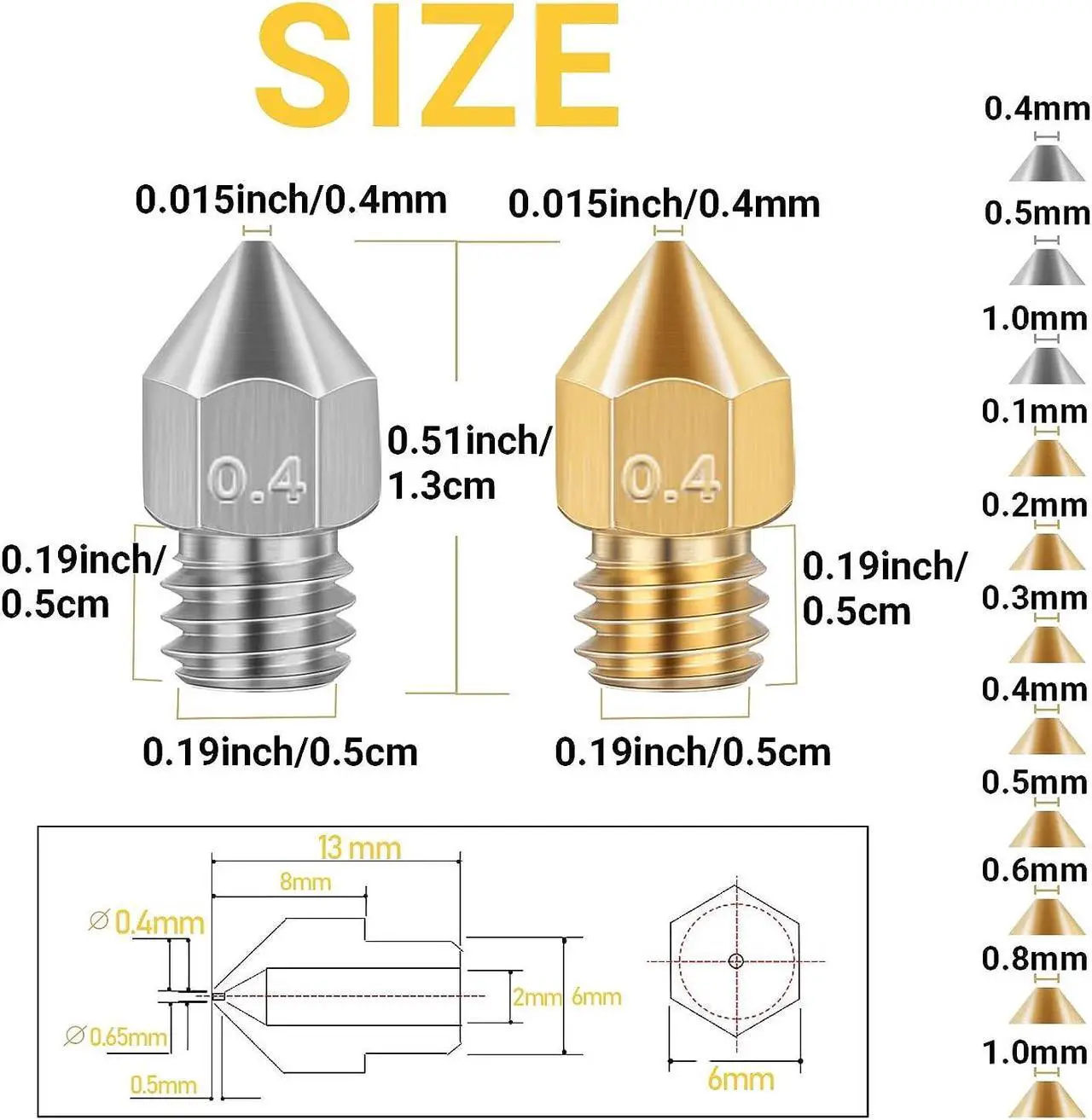 Alt view image 3 of 7 - 50 Pcs 3D Printer Nozzles - Hardened Steel Stainless Steel Brass Printer Extruder Nozzles Set for CR-10, Ender 3 - High Temperature Pointed Wear Resistant Mk8 Nozzles - 3D Printer Nozzle Cleaning Kit