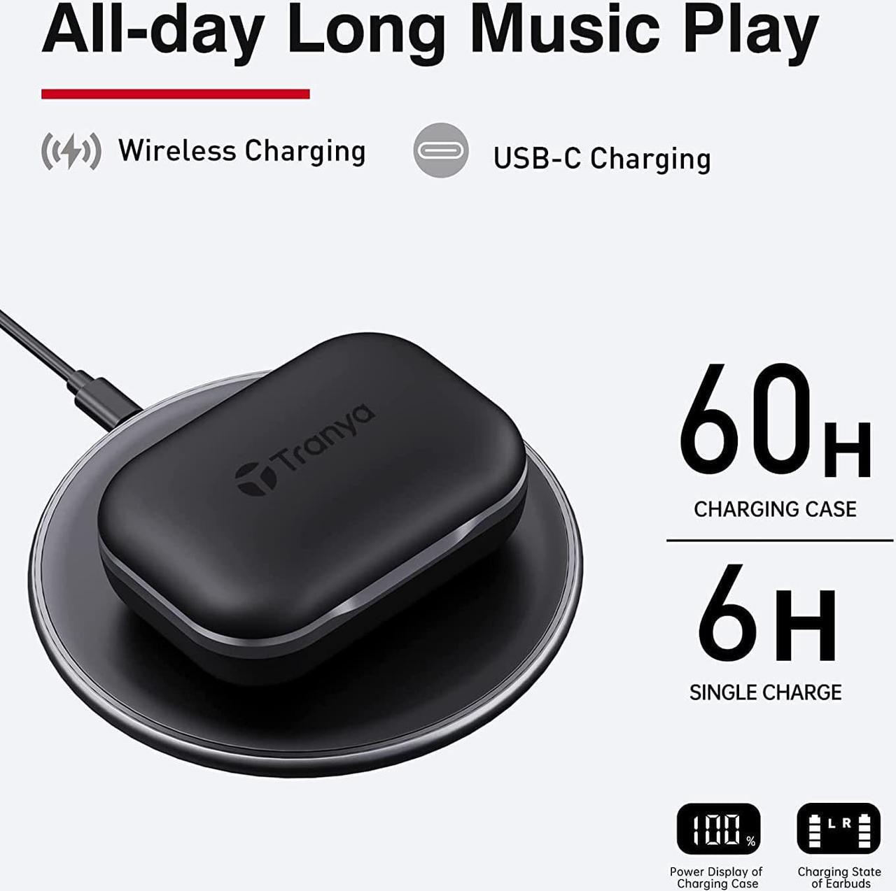 Alt view image 2 of 6 - TRANYA X1 Wireless Earbuds Bluetooth Headphones 66Hrs Playtime with Wireless Charging Case & LED Display, Over-Ear Waterproof Earphones with Earhook, Headset with 4-Mic for Sports Workout Black