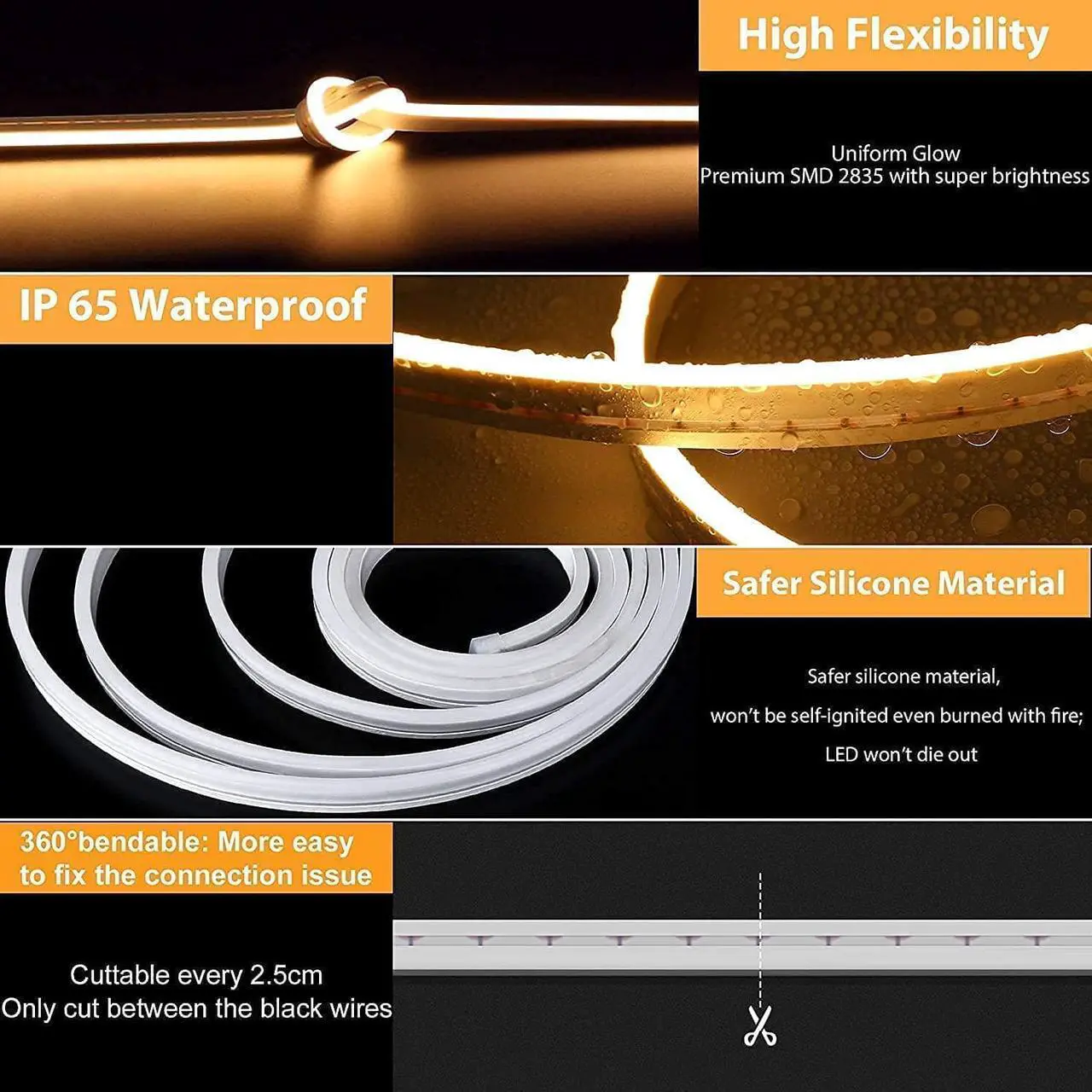 Alt view image 4 of 6 - LED Neon Lights 12V Warm White Dimmable LED Strip Lights 16.4ft/5m Waterproof LED Neon Rope Lights Silicone 3000K Neon LED Strip for Bedroom Indoor Home Decor (Power Adapter Included)