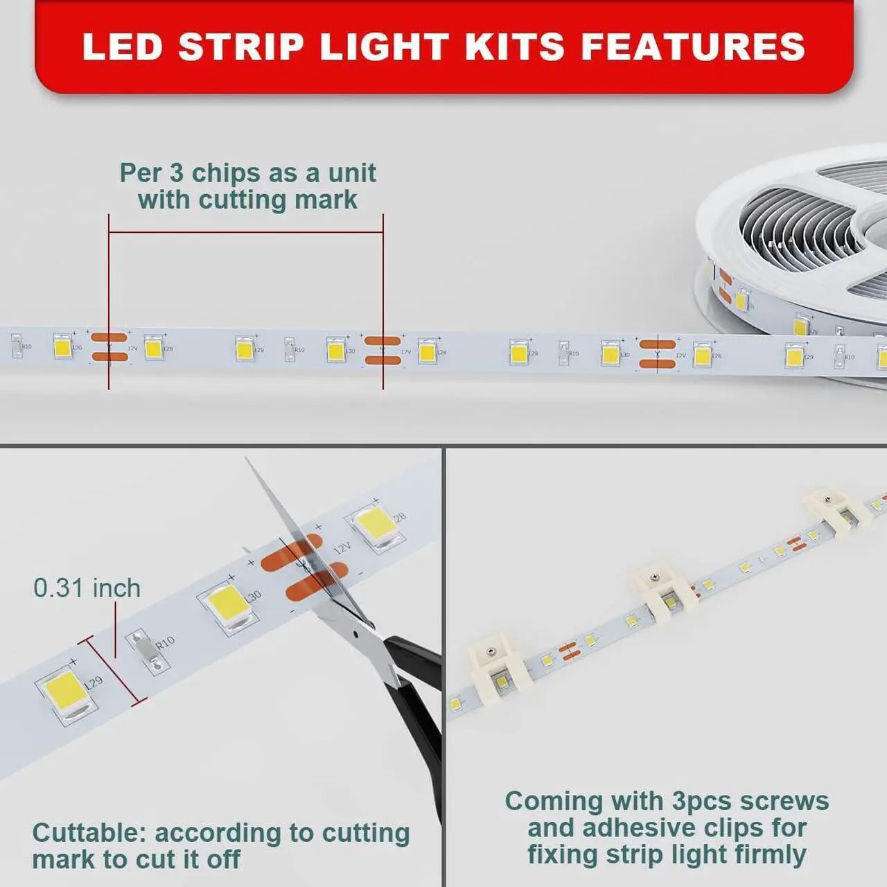 Alt view image 4 of 6 - White LED Strip Lights 16.4ft Dimmable LED Light Strip 12v Flexible LED Rope Lights Kits for Kitchen Cabinet Mirror Bedroom Party Decor