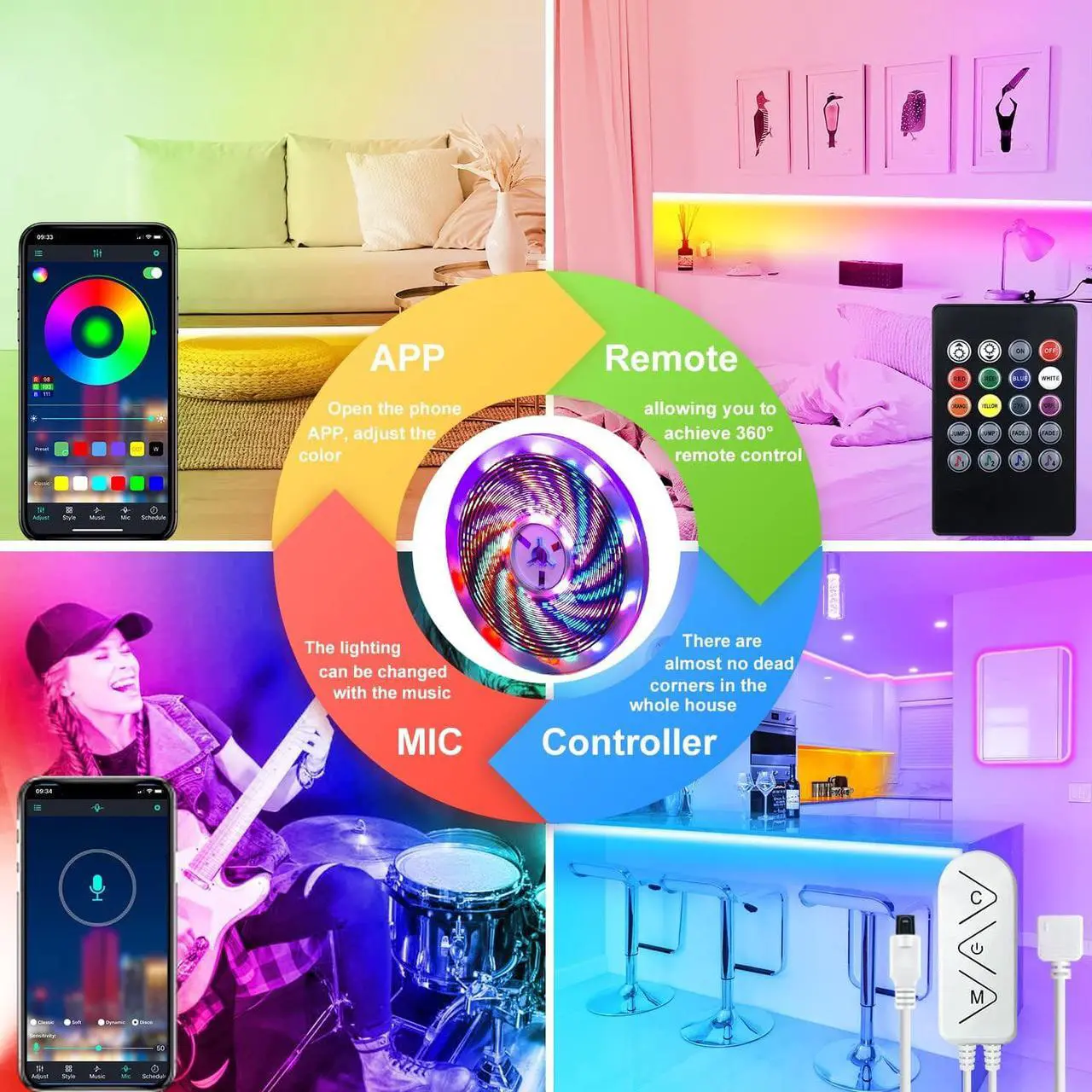 Alt view image 4 of 7 - 16ft/5M Led Strip Lights Controller and Bluetooth APP Controlled Rope Lighting for Bedroom Home Decoration Music Sync Color Changing RGB LED Lights with Remote Indoor