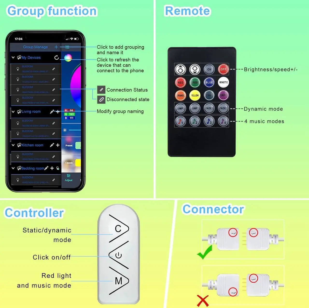 Alt view image 7 of 7 - 16ft/5M Led Strip Lights Controller and Bluetooth APP Controlled Rope Lighting for Bedroom Home Decoration Music Sync Color Changing RGB LED Lights with Remote Indoor