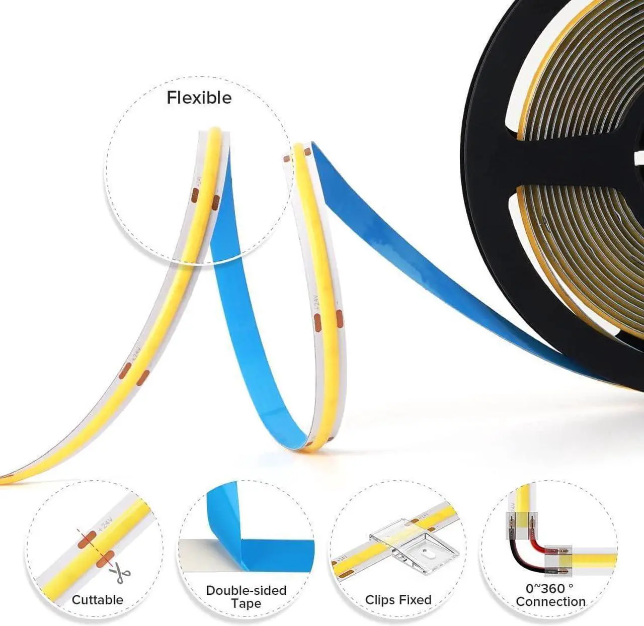Alt view image 4 of 7 - FCOB COB LED Strip Flexible High Density Uniform Light 9W/m 16.4FT DC24V Warm White 3000K CRI 90+ 8mm Width Dimmable LED Ribbon for Indoor Decoration(No Adapter or Controller)