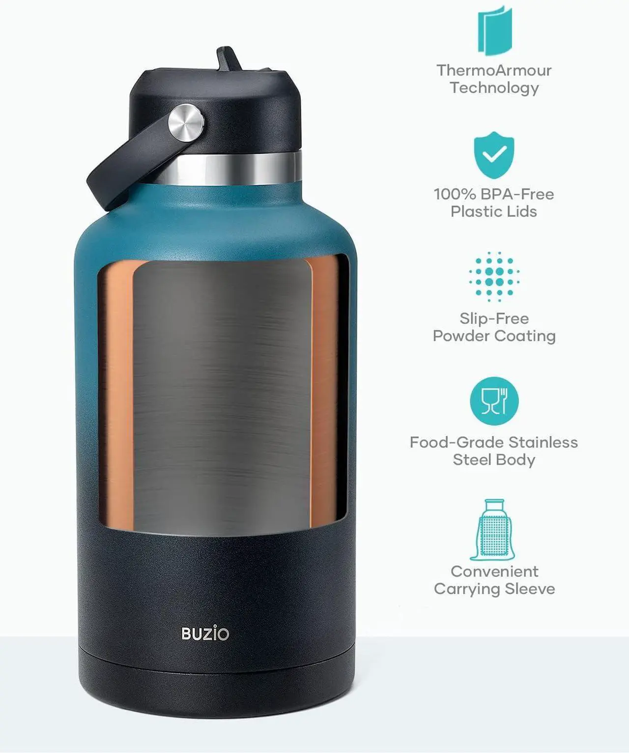 Alt view image 5 of 7 - BUZIO 64oz Water Bottle Insulated, Half Gallon Stainless Steel Water Jug with Straw Lid and Carrying Pouch, Leak Proof Double Wall Thermo Water Flask Metal Canteen for Gym Sport Camping, Indigo Crush