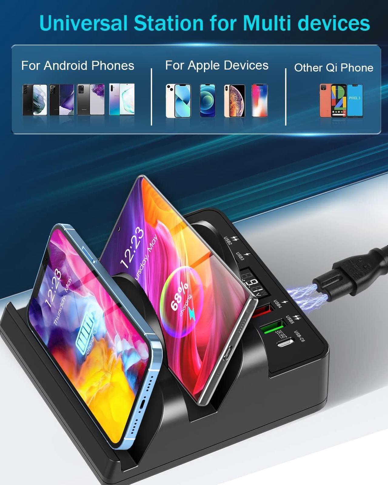 Alt view image 2 of 6 - Wireless Charging Station with 6 USB Ports, 8 in 1 15W Dual Wireless Charger Station, 2 QC/2 PD USB Fast Charging Station, 80W Phone Charger for iPhone14/13/12/11/X//Android/iWatch