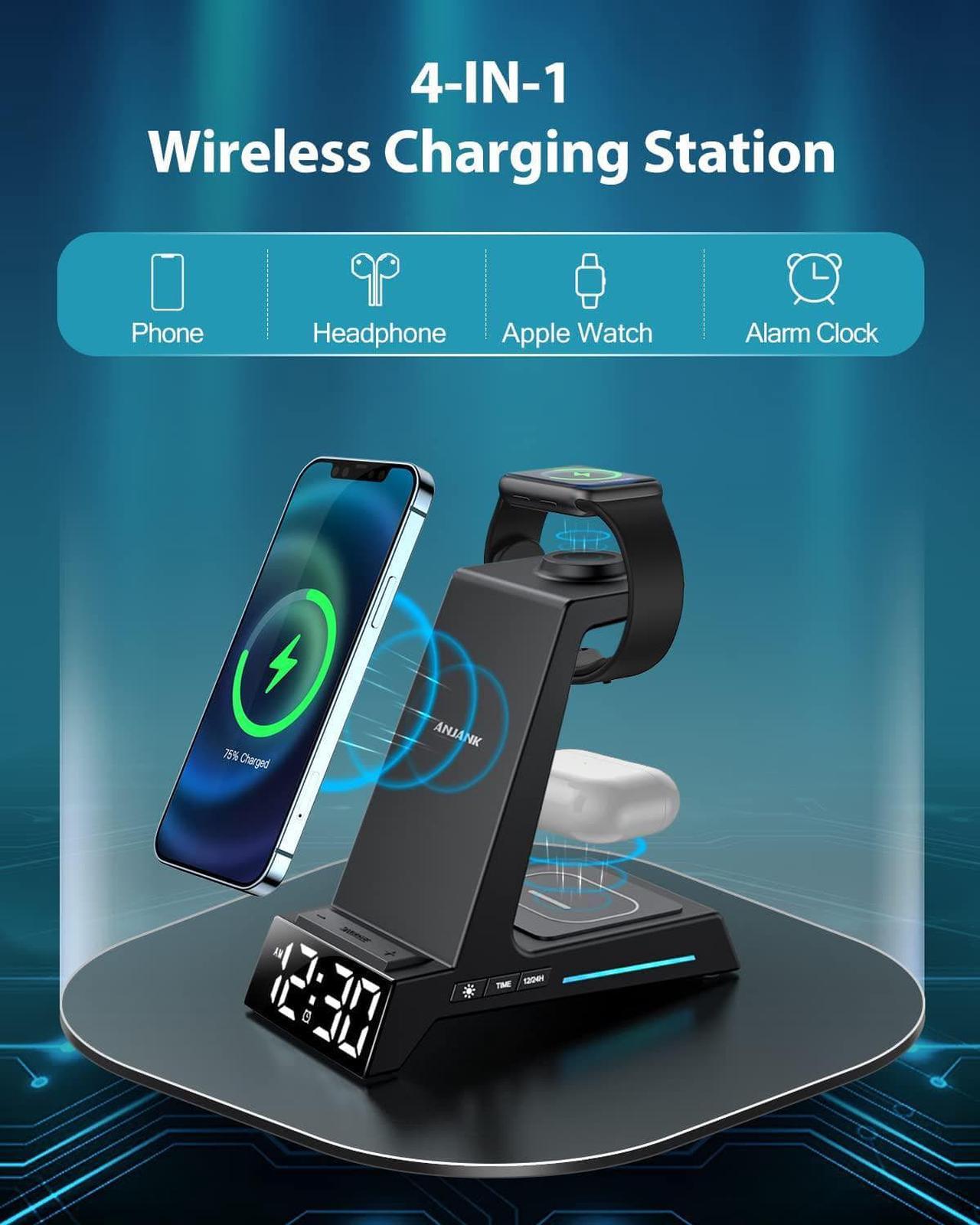 Alt view image 2 of 7 - Wireless Charging Station - 4 in 1 Wireless Charger with Alarm Clock, Charging Stand Dock for iPhone 16 15 14 13 12 11 X 8, for AirPods 3 Pro, Apple Watch 9/8/7/6/5/SE/4/3/2