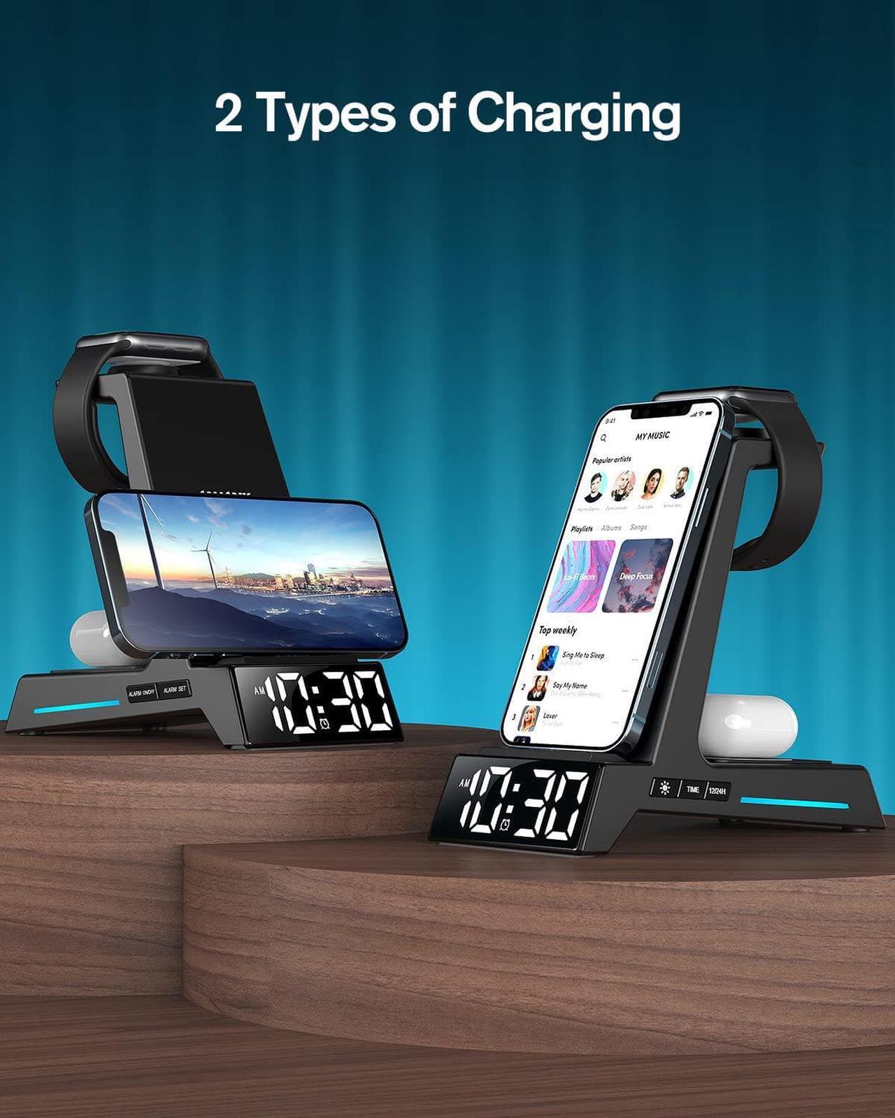 Alt view image 4 of 7 - Wireless Charging Station - 4 in 1 Wireless Charger with Alarm Clock, Charging Stand Dock for iPhone 16 15 14 13 12 11 X 8, for AirPods 3 Pro, Apple Watch 9/8/7/6/5/SE/4/3/2