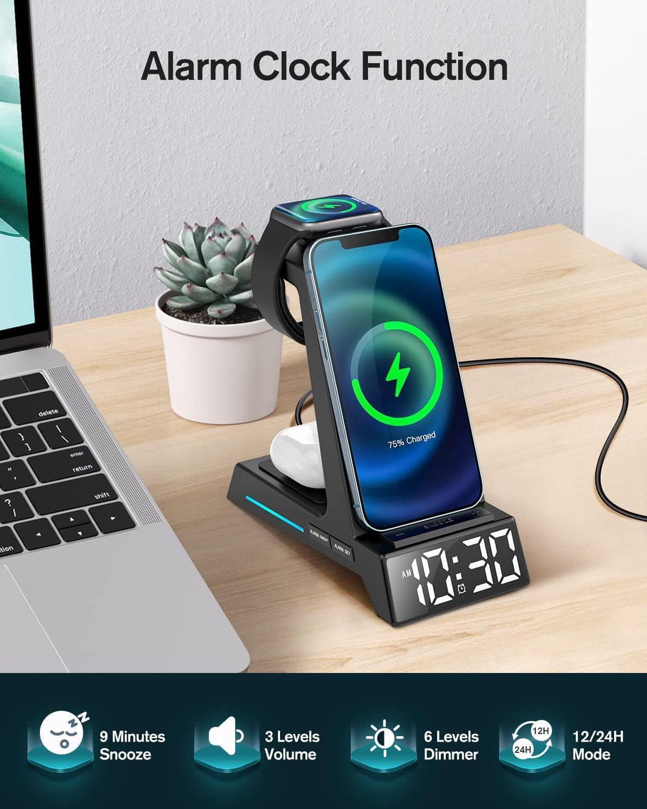 Alt view image 3 of 7 - Wireless Charging Station - 4 in 1 Wireless Charger with Alarm Clock, Charging Stand Dock for iPhone 16 15 14 13 12 11 X 8, for AirPods 3 Pro, Apple Watch 9/8/7/6/5/SE/4/3/2